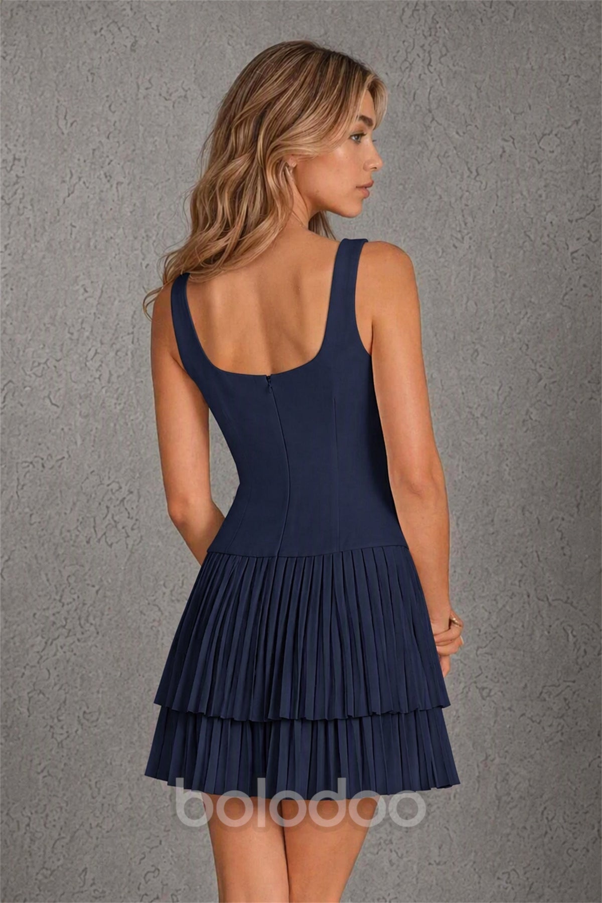BOLODOO Navy Blue Knit Square Neck Wide Strap Corset Bodice Tiered Pleated Mini Dress with Low Back - Navy Blue | BOLODOO watermark