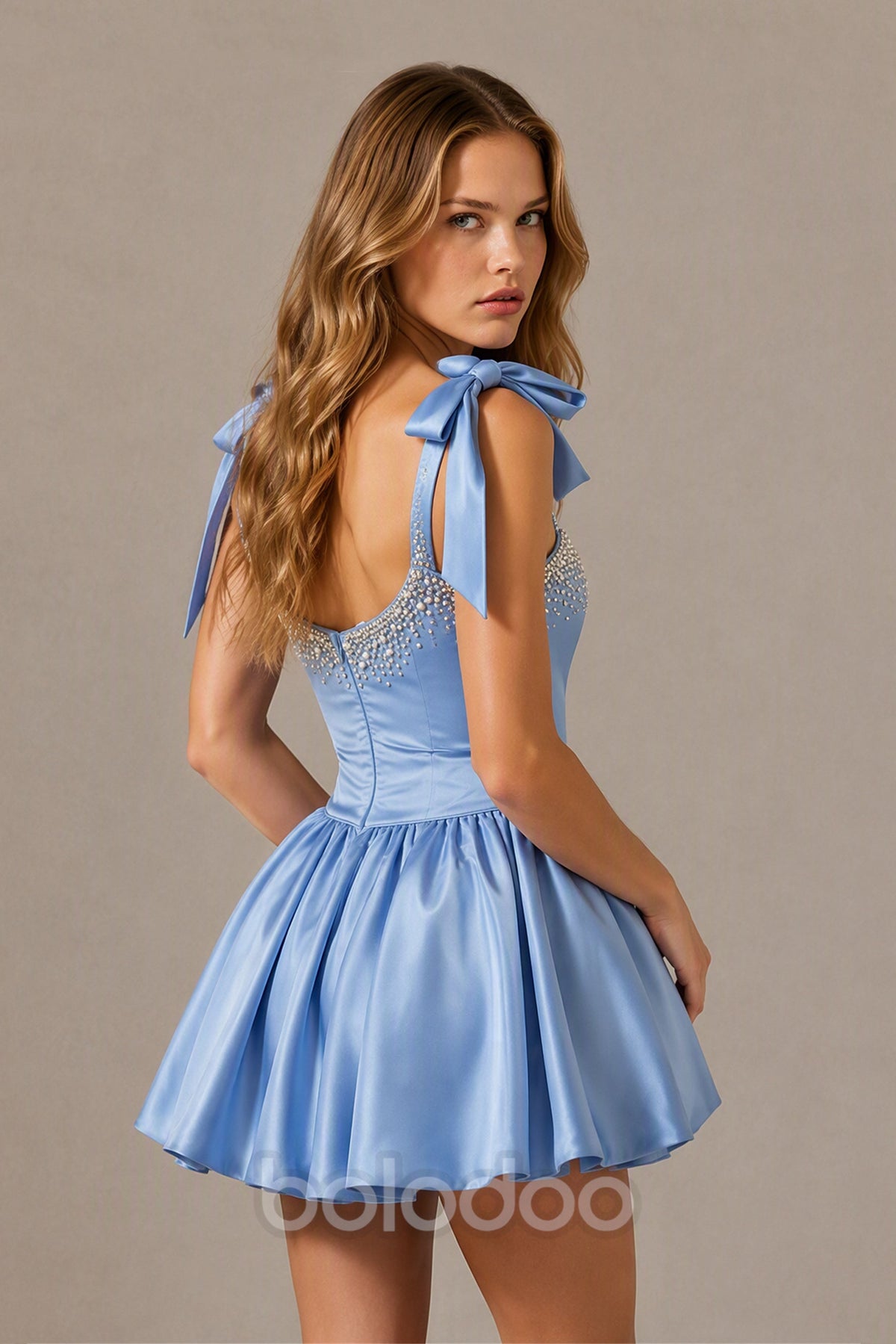 BOLODOO Blue Satin Pearl Embellished Sweetheart Bow Strap Bubble Hem Mini Dress - Back View | BOLODOO watermark