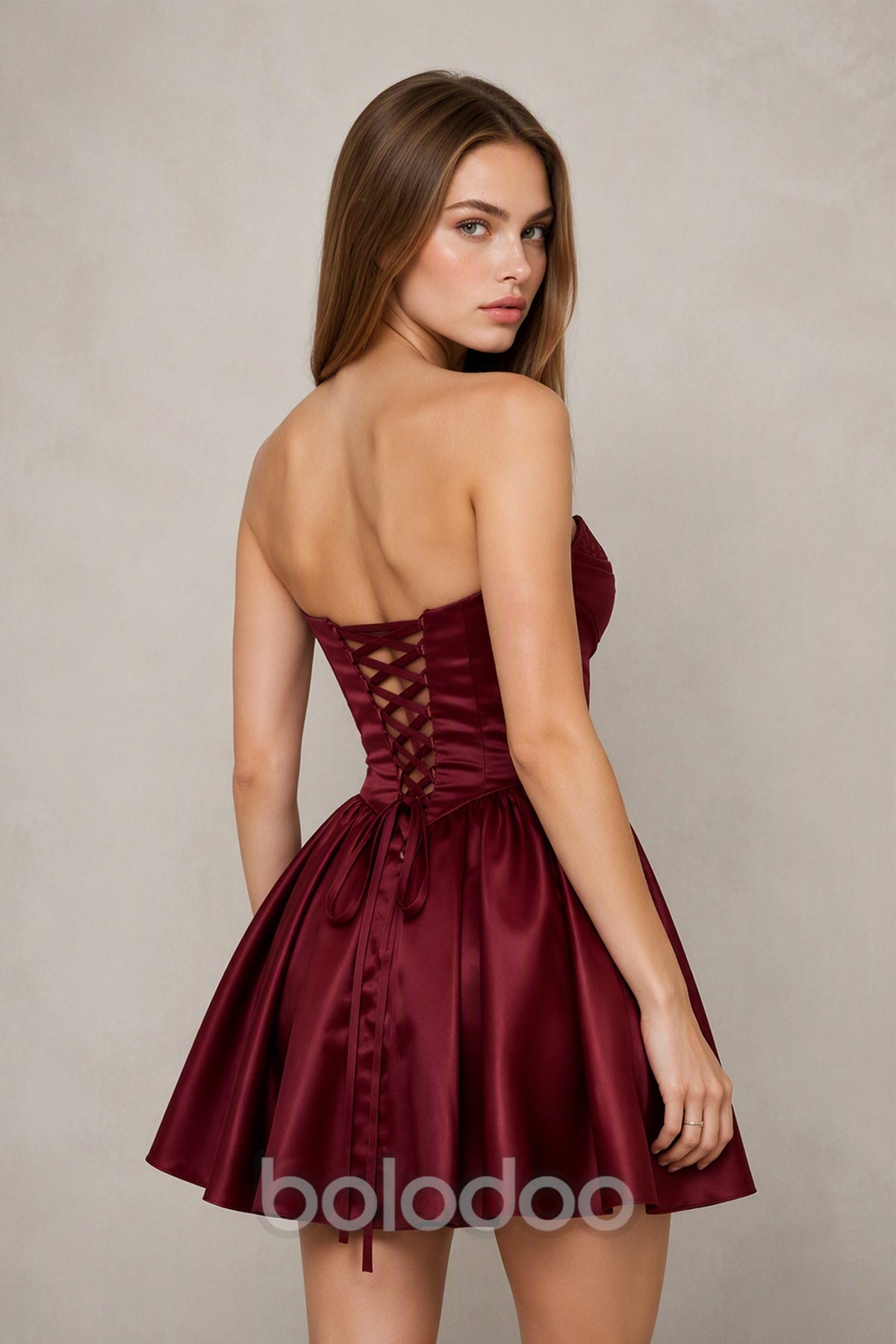 BOLODOO Burgundy Satin Sequin Sweetheart Strapless Corset Lace-Up Back A-Line Mini Dress - Back View showing Lace-Up Corset Detail | BOLODOO watermark