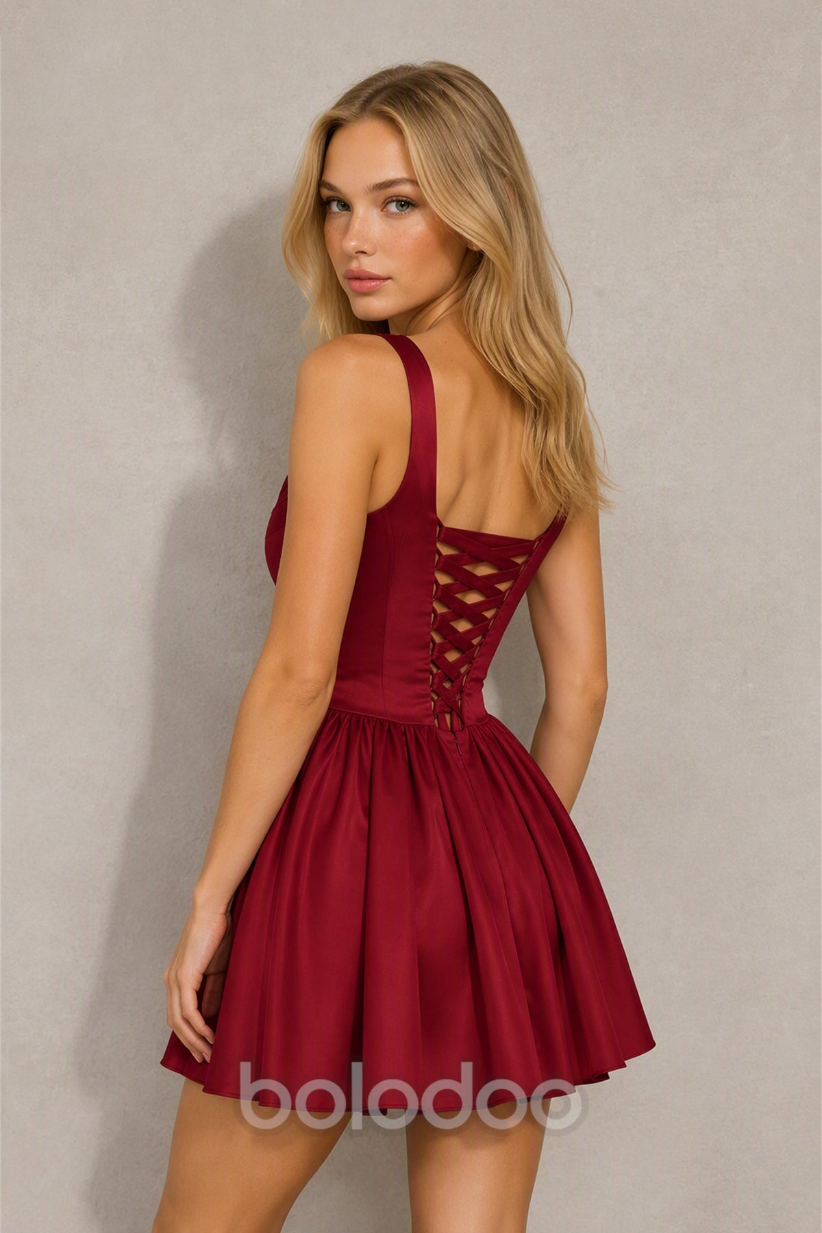 BOLODOO Burgundy Satin Cowl Neck Wide Strap Corset Lace-Up Back Fit and Flare Mini Dress - Back View showing Lace-Up Corset Detail | BOLODOO watermark