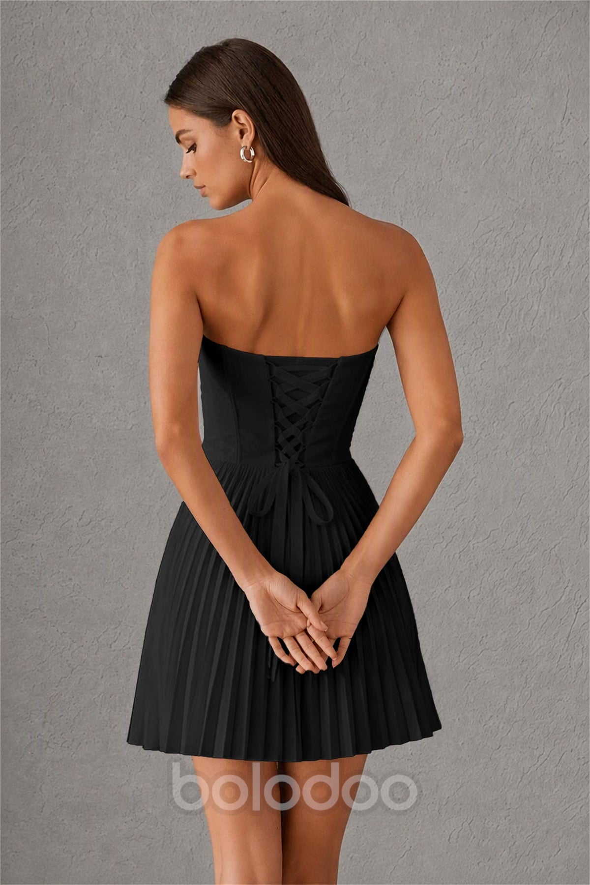 BOLODOO Black Strapless Sweetheart Pleated Corset Mini Dress with Lace-Up Back - Black | BOLODOO watermark