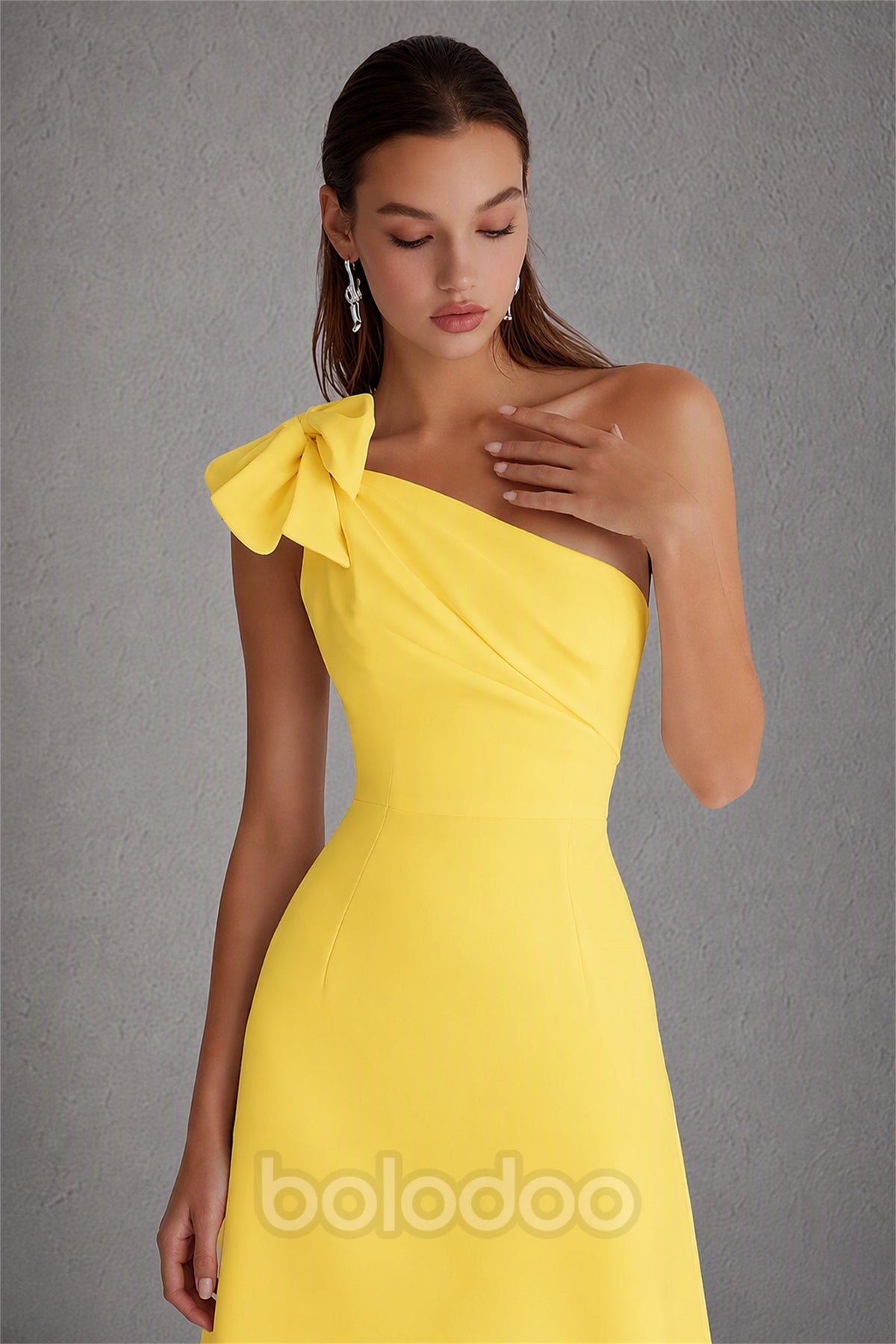 BOLODOO Yellow One-Shoulder Bow Detail A-Line Mini Dress | Sleeveless Cocktail Party Dress - Yellow | BOLODOO watermark