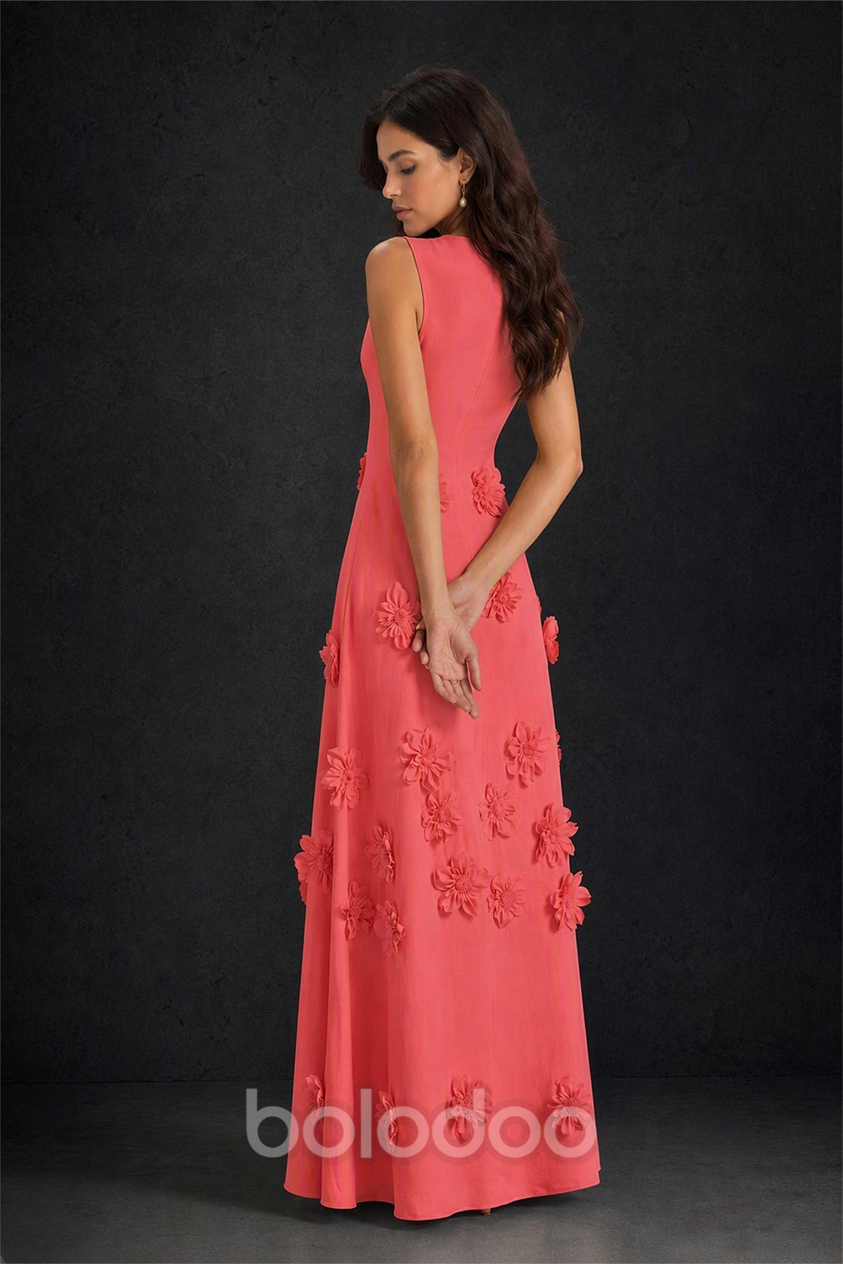 BOLODOO Coral 3D Floral Appliqué Sleeveless Maxi Dress - Coral | BOLODOO watermark