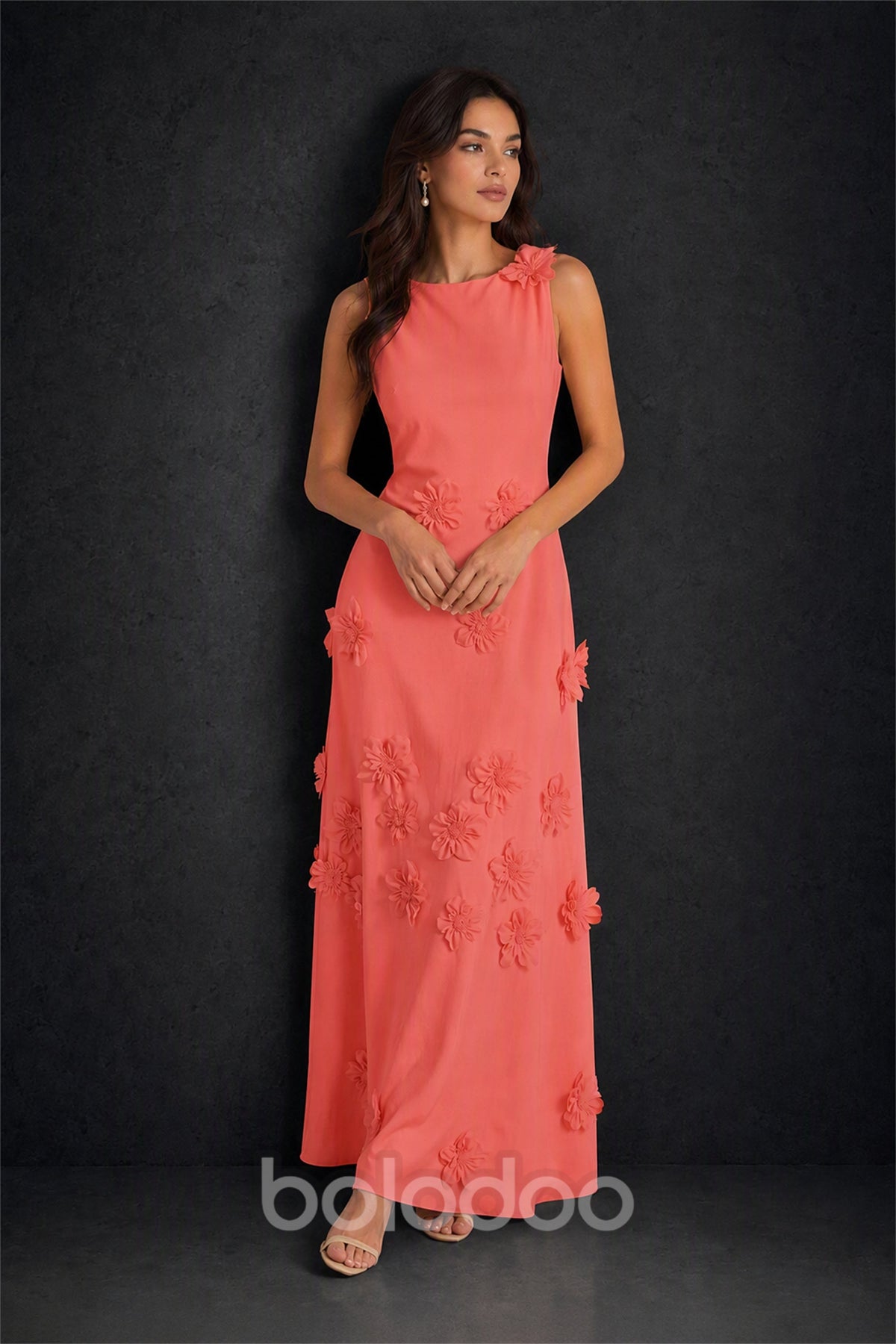 BOLODOO Coral 3D Floral Appliqué Sleeveless Maxi Dress - Coral | BOLODOO watermark