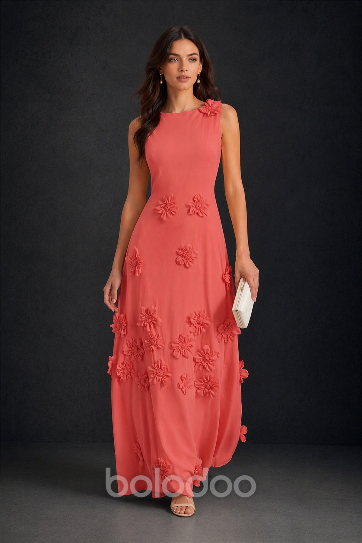 BOLODOO Coral 3D Floral Appliqué Sleeveless Maxi Dress - Coral | BOLODOO watermark