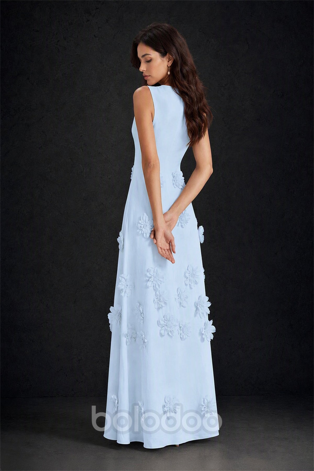 BOLODOO Light Blue 3D Floral Appliqué Sleeveless Maxi Dress - Light Blue | BOLODOO watermark