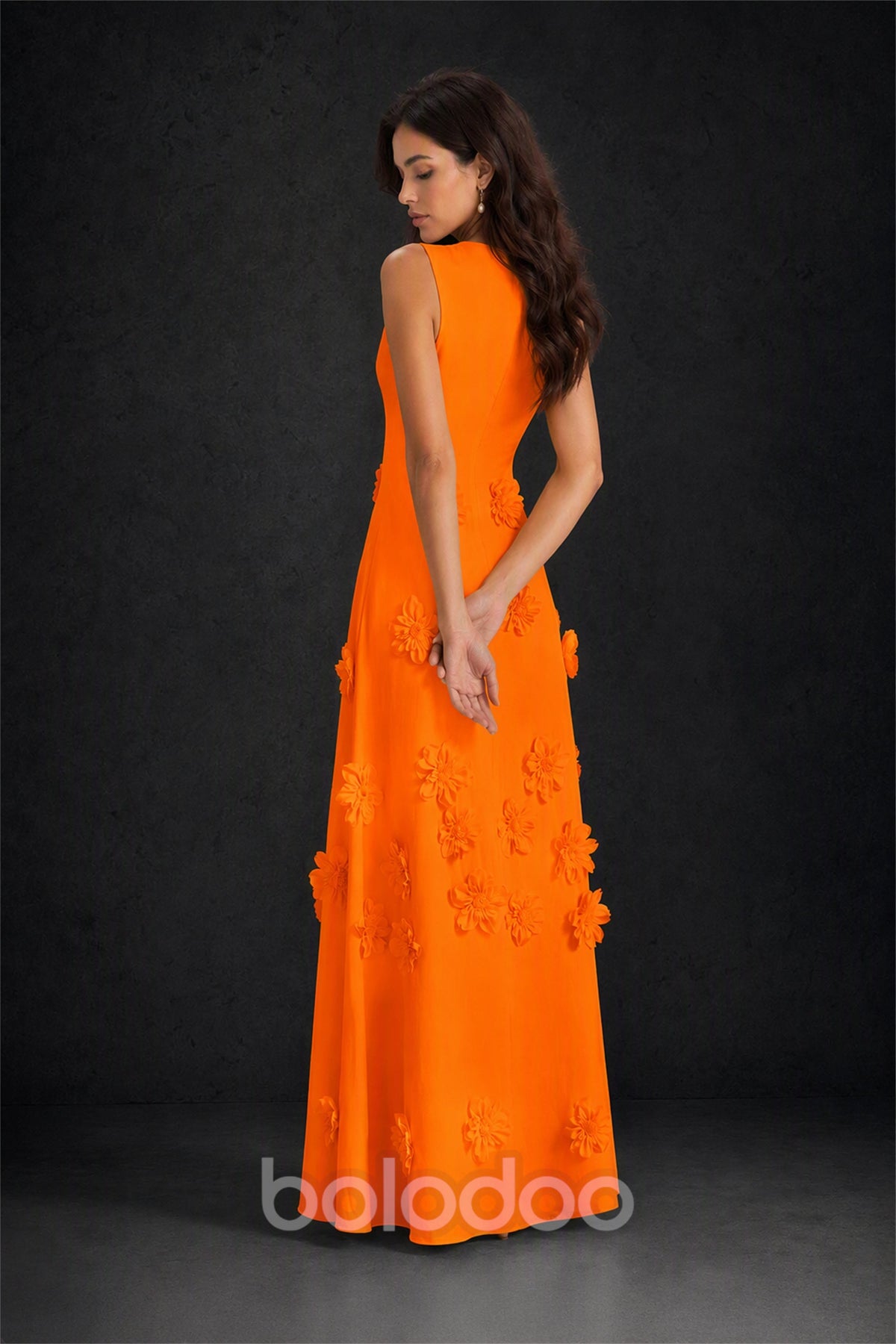 BOLODOO Orange 3D Floral Appliqué Sleeveless Maxi Dress - Orange | BOLODOO watermark