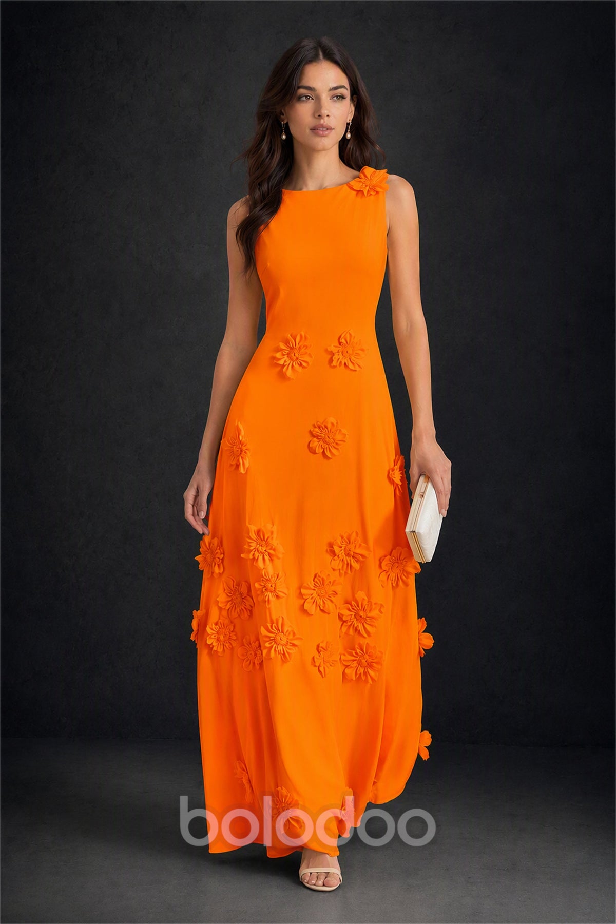 BOLODOO Orange 3D Floral Appliqué Sleeveless Maxi Dress - Orange | BOLODOO watermark