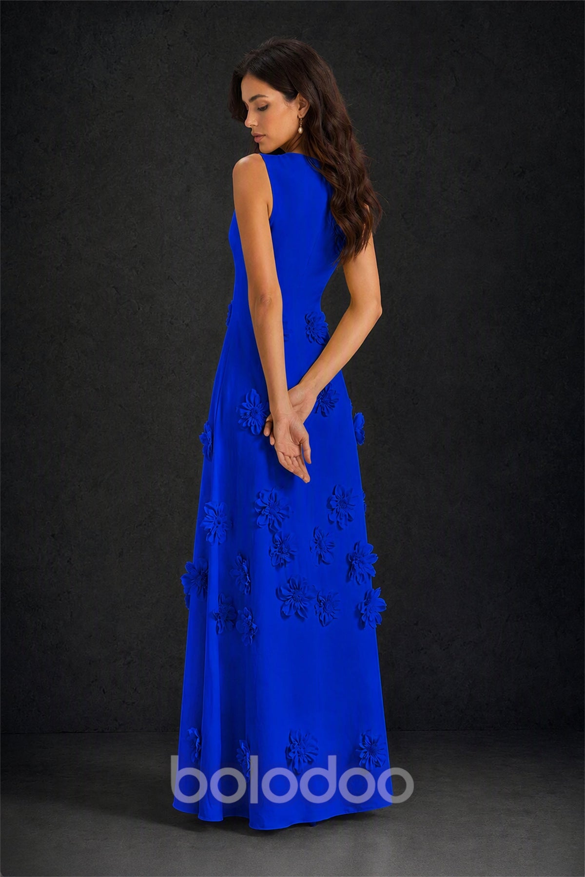 BOLODOO Royal Blue 3D Floral Appliqué Sleeveless Maxi Dress - Royal Blue | BOLODOO watermark