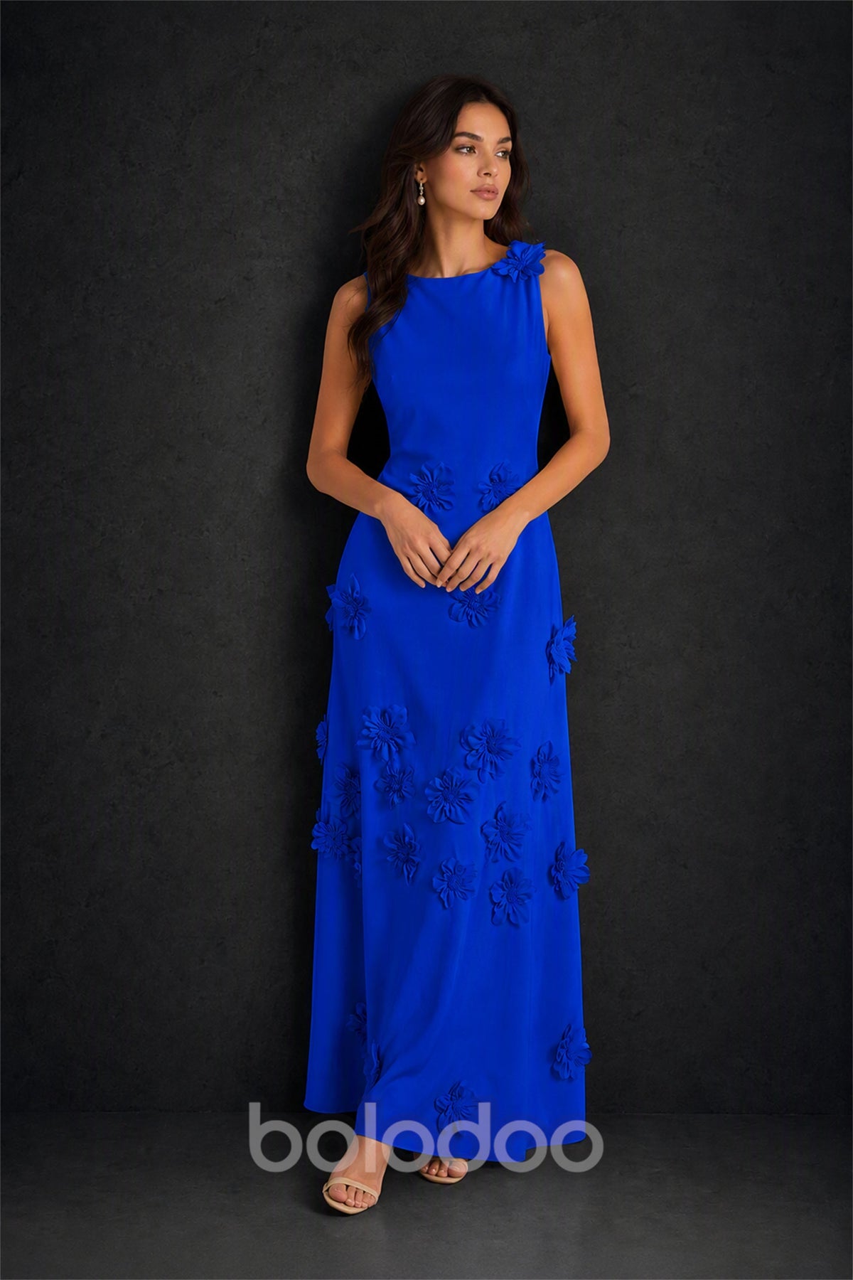 BOLODOO Royal Blue 3D Floral Appliqué Sleeveless Maxi Dress - Royal Blue | BOLODOO watermark