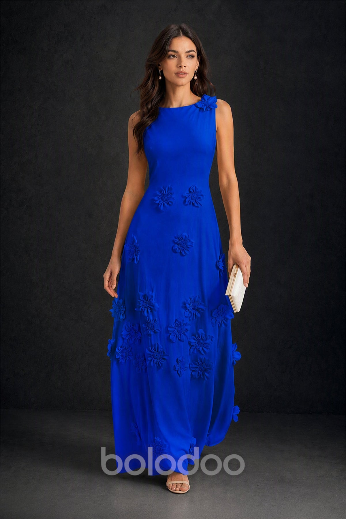 BOLODOO Royal Blue 3D Floral Appliqué Sleeveless Maxi Dress - Royal Blue | BOLODOO watermark
