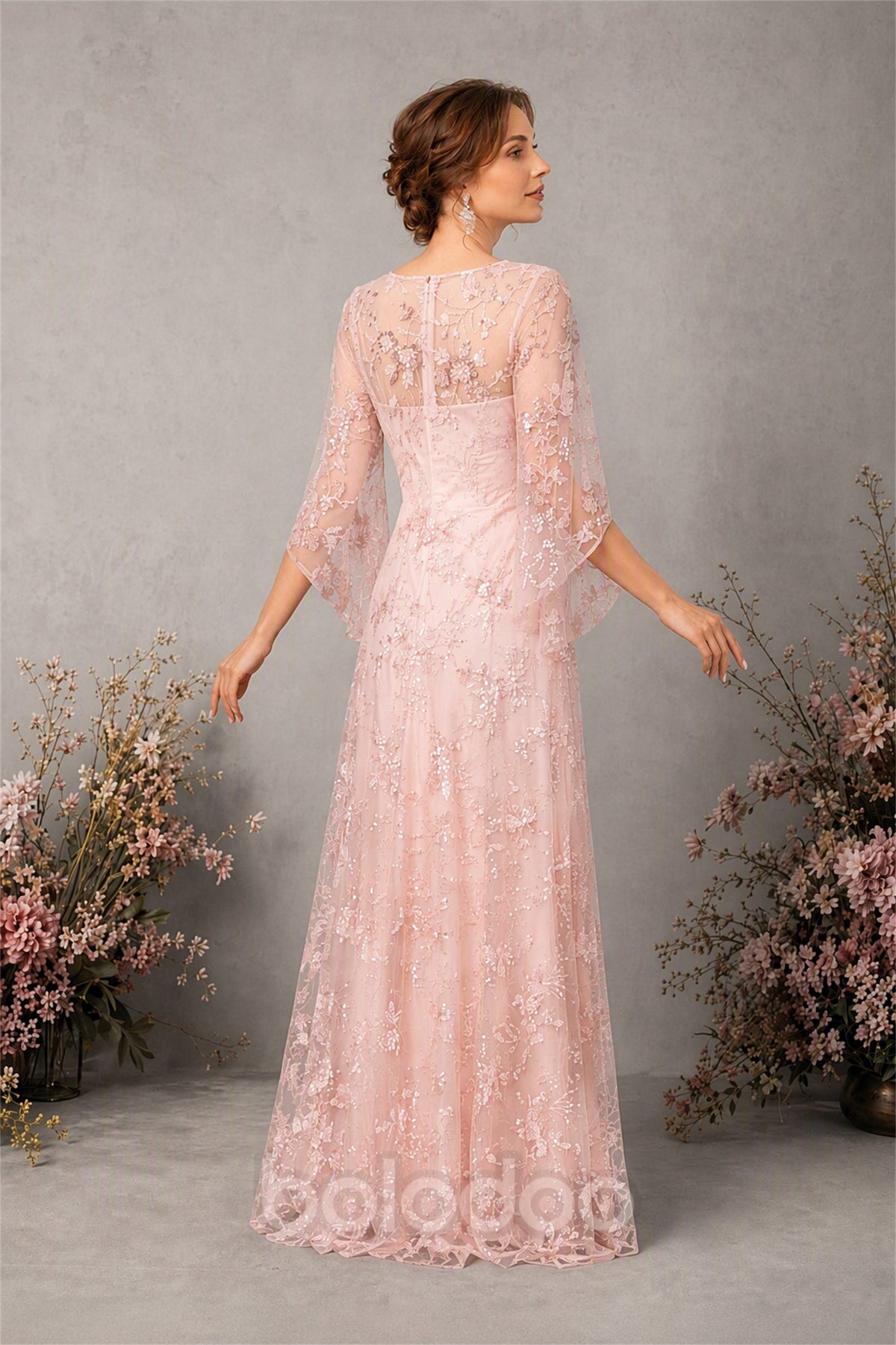 BOLODOO Blush Pink Sequin Lace Cape Sleeve Formal Evening Gown - Blush Pink | BOLODOO watermark