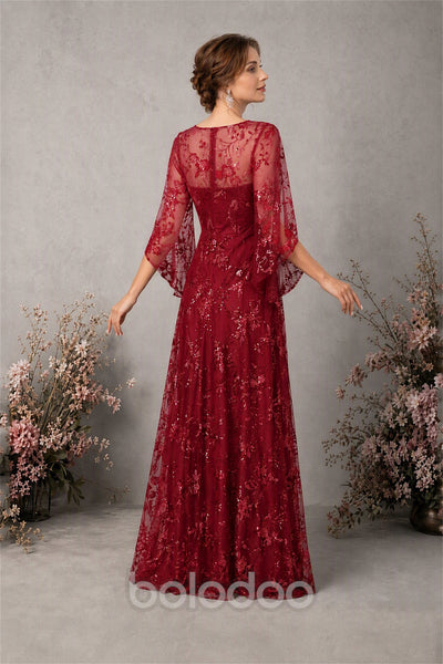 BOLODOO Burgundy Sequin Lace Cape Sleeve Formal Evening Gown - Burgundy | BOLODOO watermark