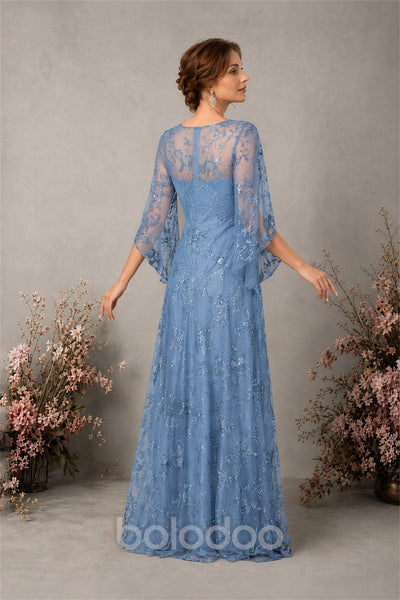 BOLODOO Dusty Blue Sequin Lace Cape Sleeve Formal Evening Gown - Dusty Blue | BOLODOO watermark