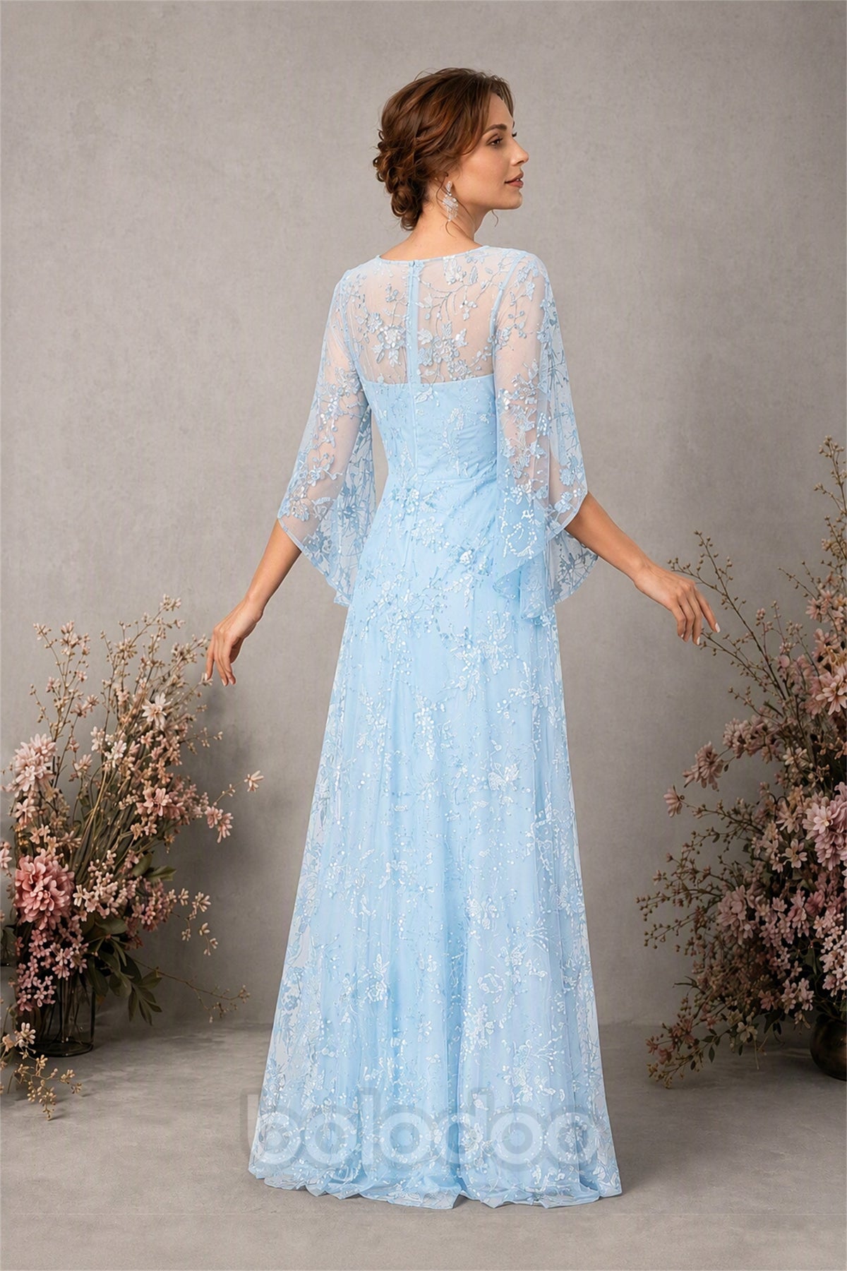 BOLODOO Light Blue Sequin Lace Cape Sleeve Formal Evening Gown - Light Blue | BOLODOO watermark