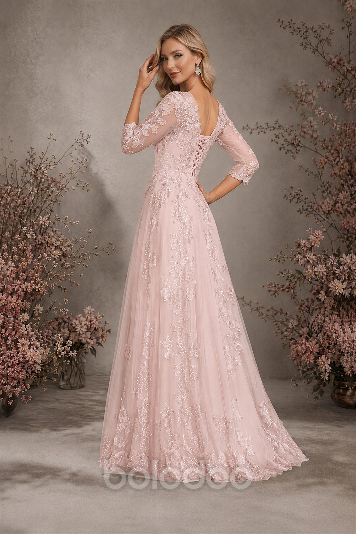 BOLODOO Blush Pink Sequin Lace 3/4 Sleeve Open Back Formal Evening Gown - Blush Pink | BOLODOO watermark