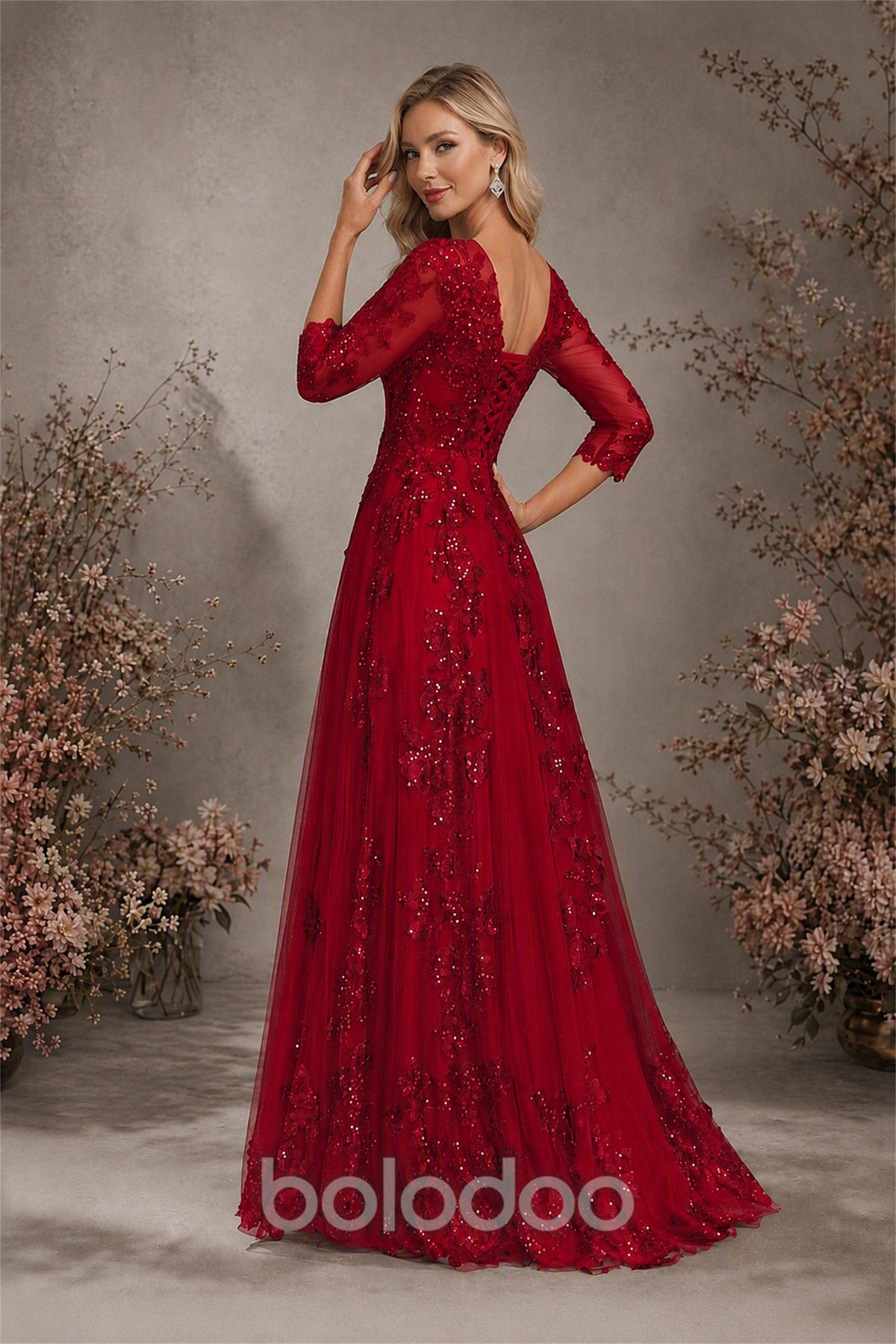 BOLODOO Burgundy Sequin Lace 3/4 Sleeve Open Back Formal Evening Gown - Burgundy | BOLODOO watermark
