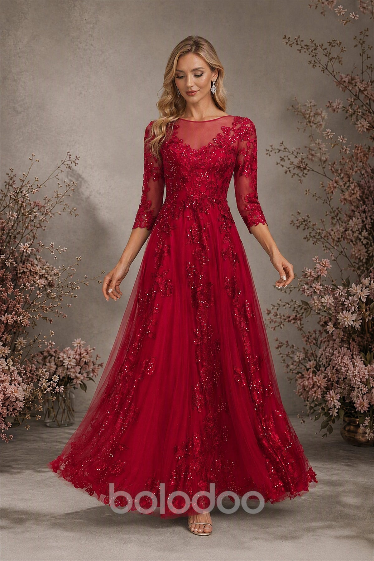 BOLODOO Burgundy Sequin Lace 3/4 Sleeve Open Back Formal Evening Gown - Burgundy | BOLODOO watermark