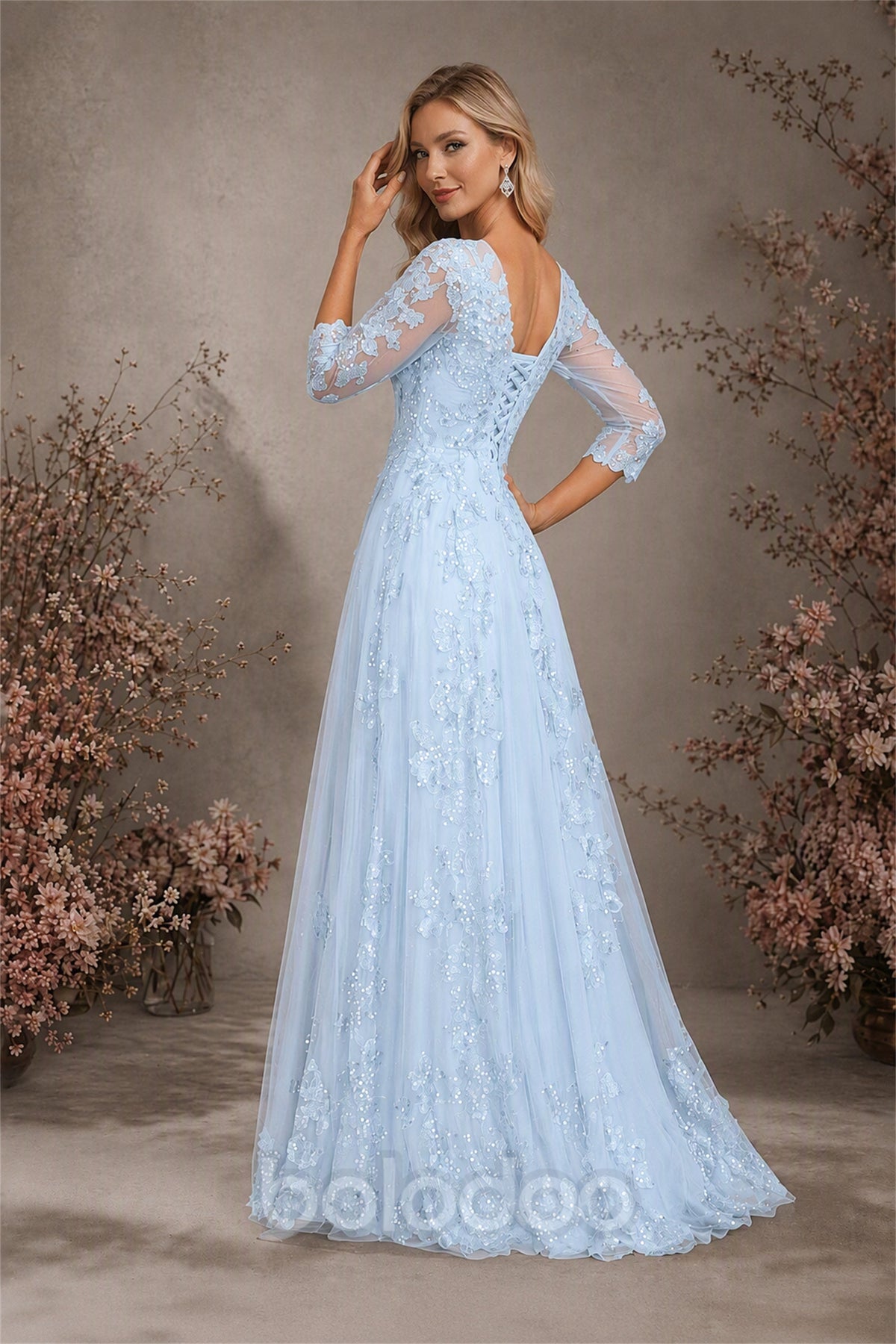 BOLODOO Light Blue Sequin Lace 3/4 Sleeve Open Back Formal Evening Gown - Light Blue | BOLODOO watermark