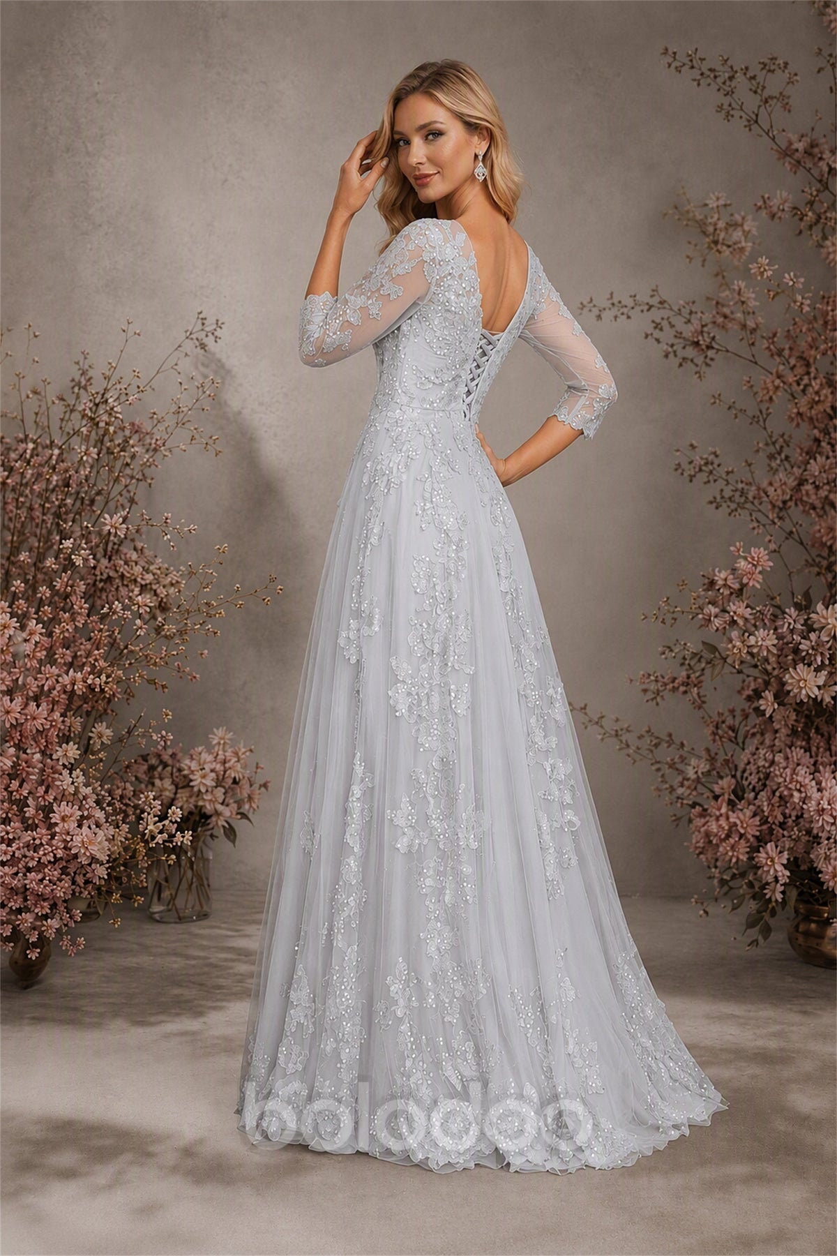 BOLODOO Silver Sequin Lace 3/4 Sleeve Open Back Formal Evening Gown - Silver | BOLODOO watermark