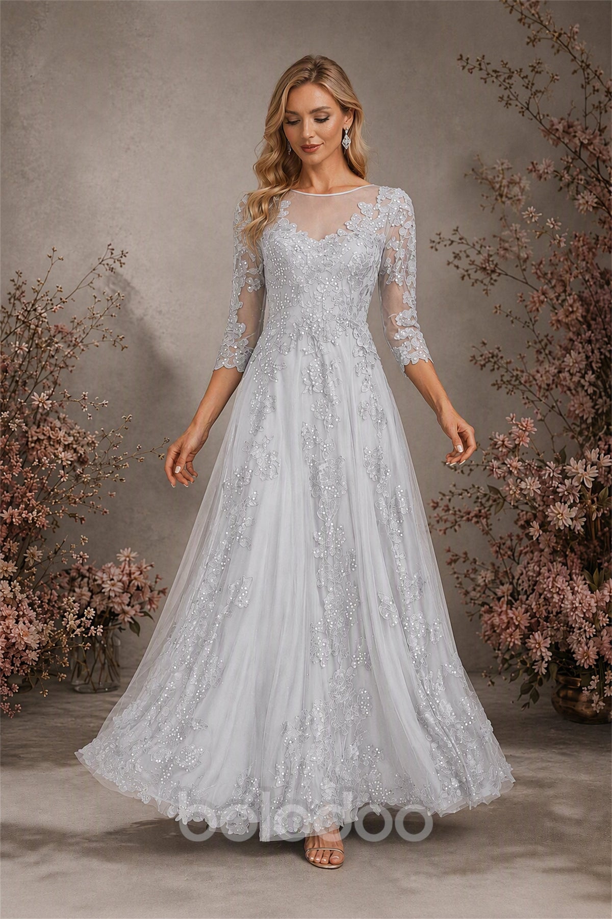 BOLODOO Silver Sequin Lace 3/4 Sleeve Open Back Formal Evening Gown - Silver | BOLODOO watermark