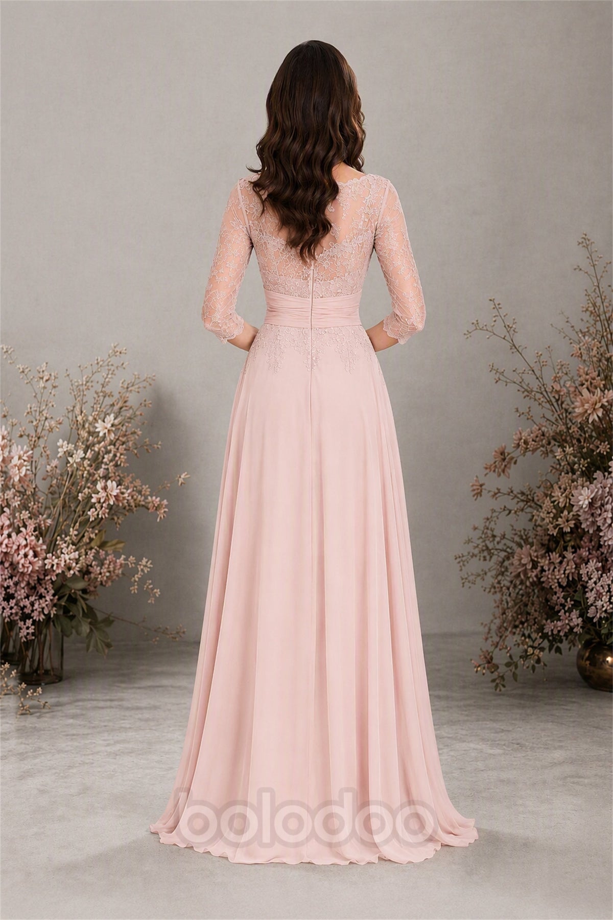 BOLODOO Blush Pink Chiffon Lace 3/4 Sleeve Floor Length Formal Evening Gown - Blush Pink | BOLODOO watermark