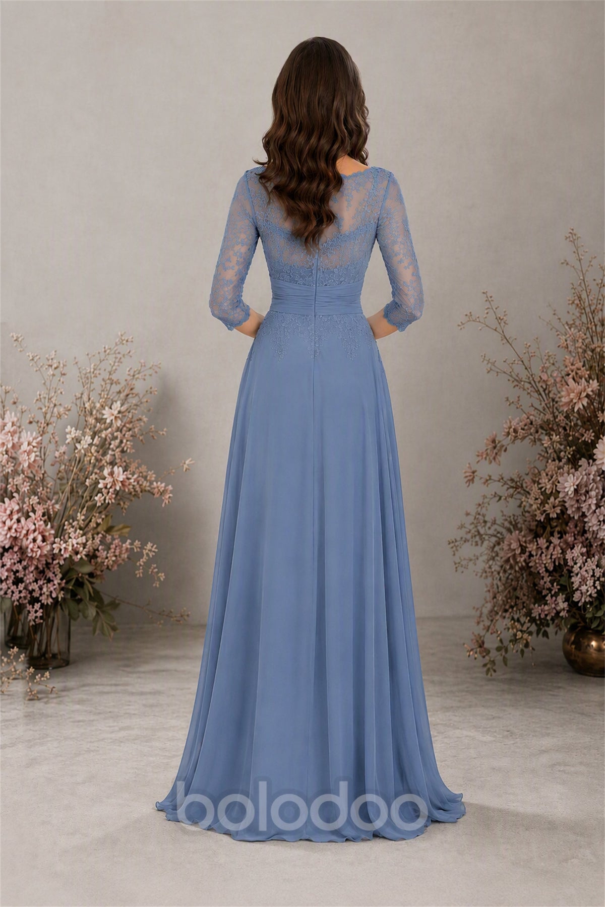 BOLODOO Dusty Blue Chiffon Lace 3/4 Sleeve Floor Length Formal Evening Gown - Dusty Blue - Dusty Blue | BOLODOO watermark