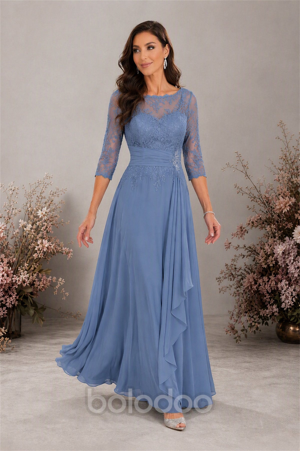 BOLODOO Dusty Blue Chiffon Lace 3/4 Sleeve Floor Length Formal Evening Gown - Dusty Blue - Dusty Blue | BOLODOO watermark