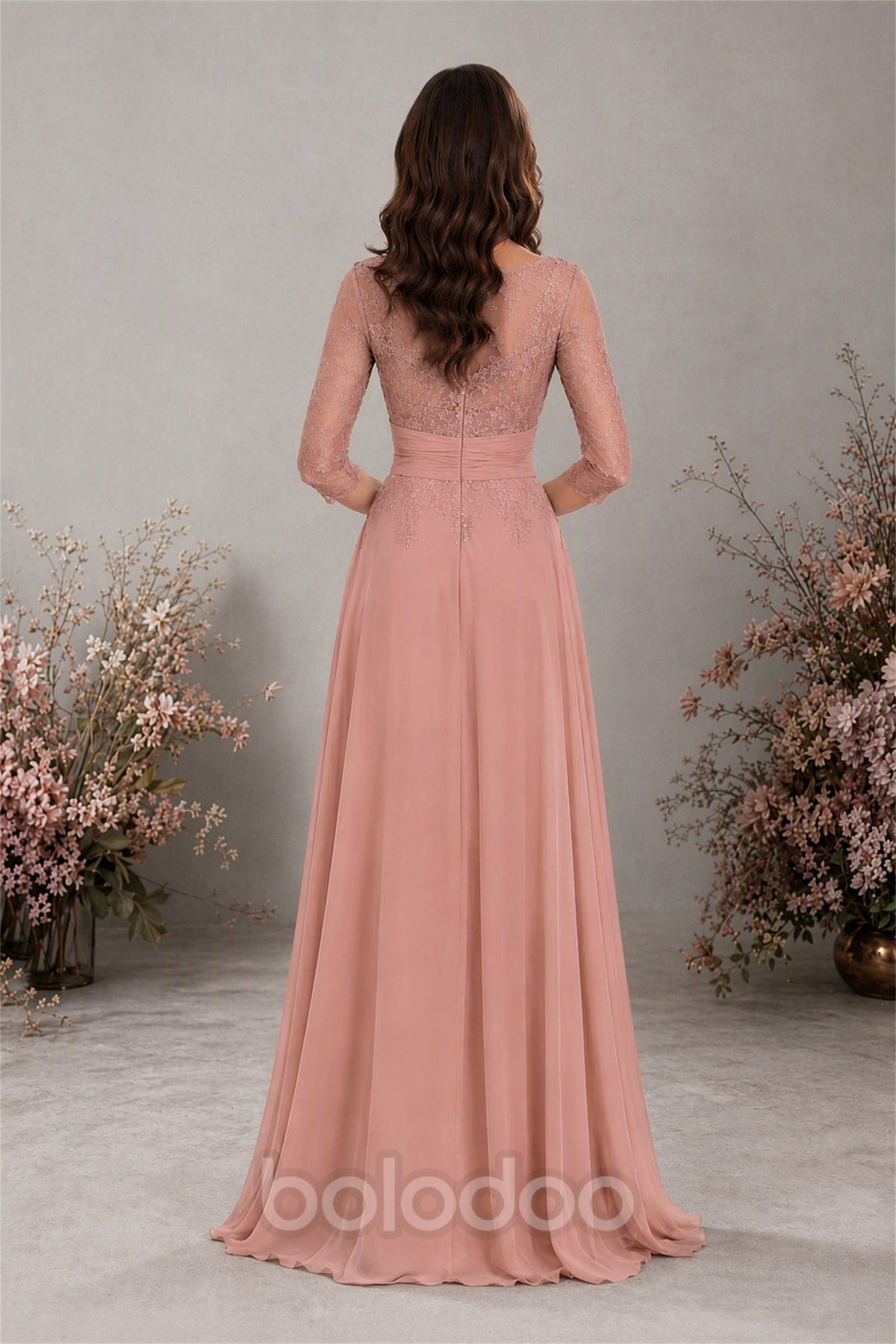 BOLODOO Dusty Rose Chiffon Lace 3/4 Sleeve Floor Length Formal Evening Gown - Dusty Rose | BOLODOO watermark