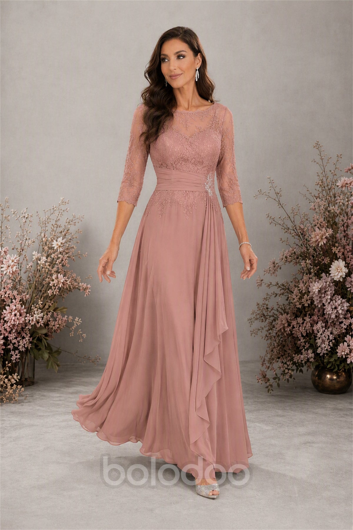 BOLODOO Dusty Rose Chiffon Lace 3/4 Sleeve Floor Length Formal Evening Gown - Dusty Rose | BOLODOO watermark