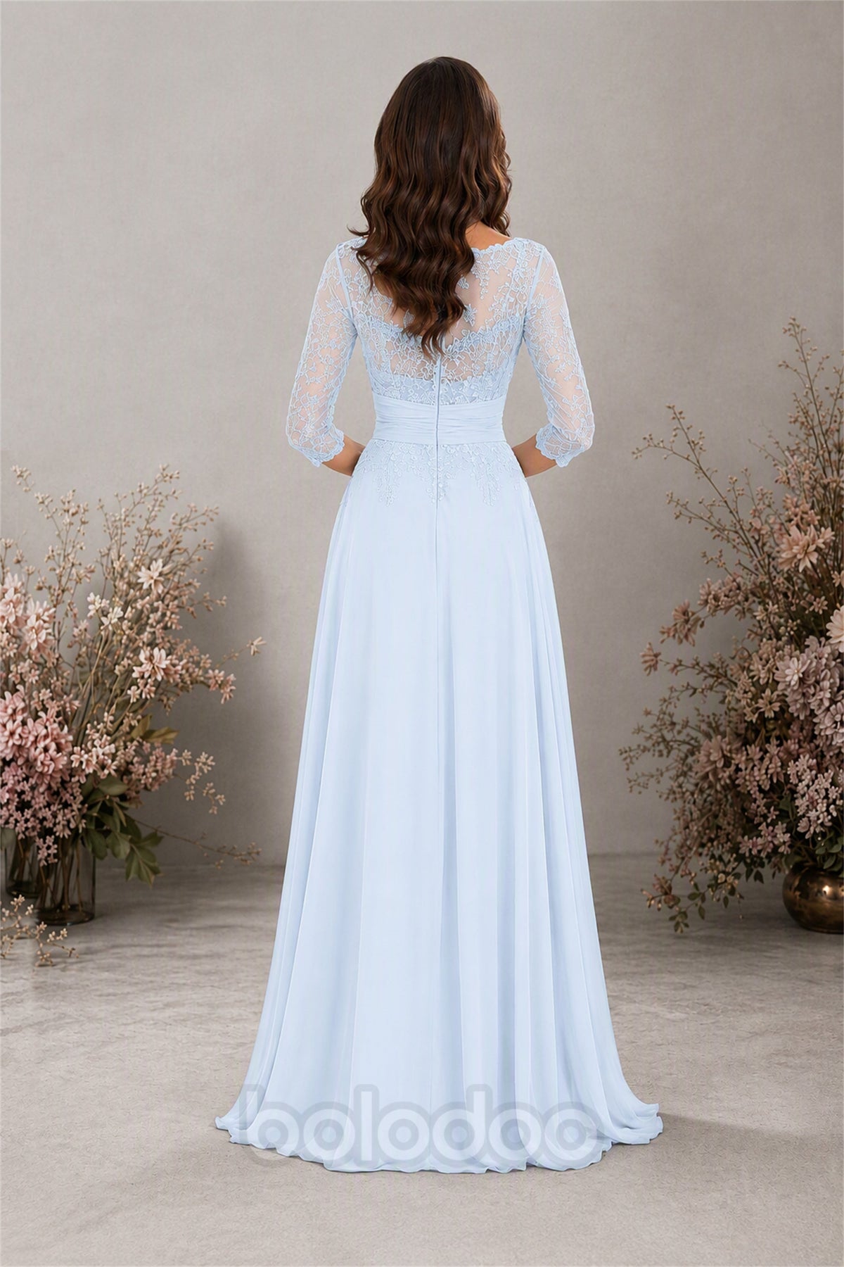 BOLODOO Light Blue Chiffon Lace 3/4 Sleeve Floor Length Formal Evening Gown - Light Blue | BOLODOO watermark