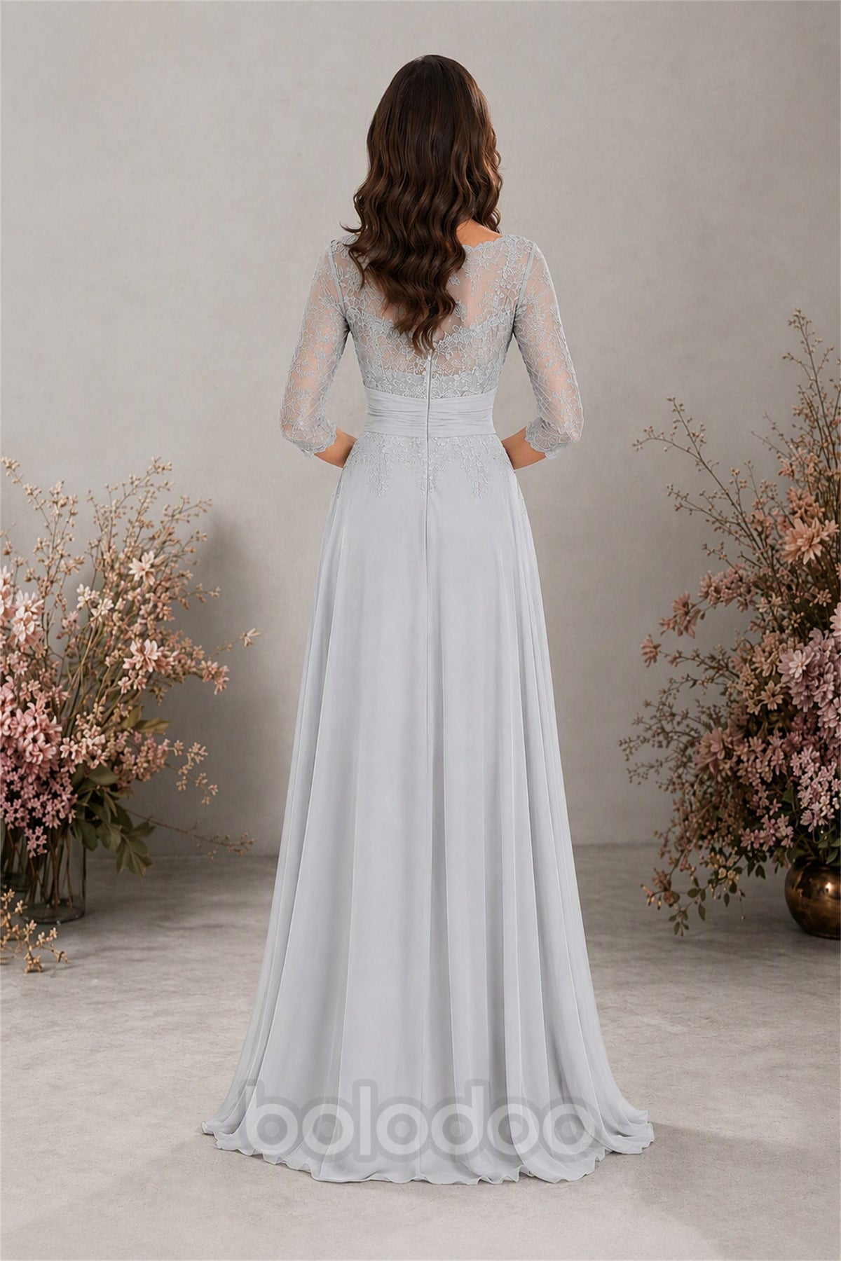 BOLODOO Silver Chiffon Lace 3/4 Sleeve Floor Length Formal Evening Gown - Silver | BOLODOO watermark