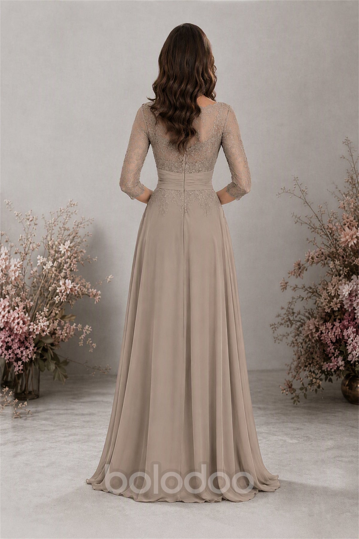 BOLODOO Taupe Chiffon Lace 3/4 Sleeve Floor Length Formal Evening Gown - Taupe | BOLODOO watermark