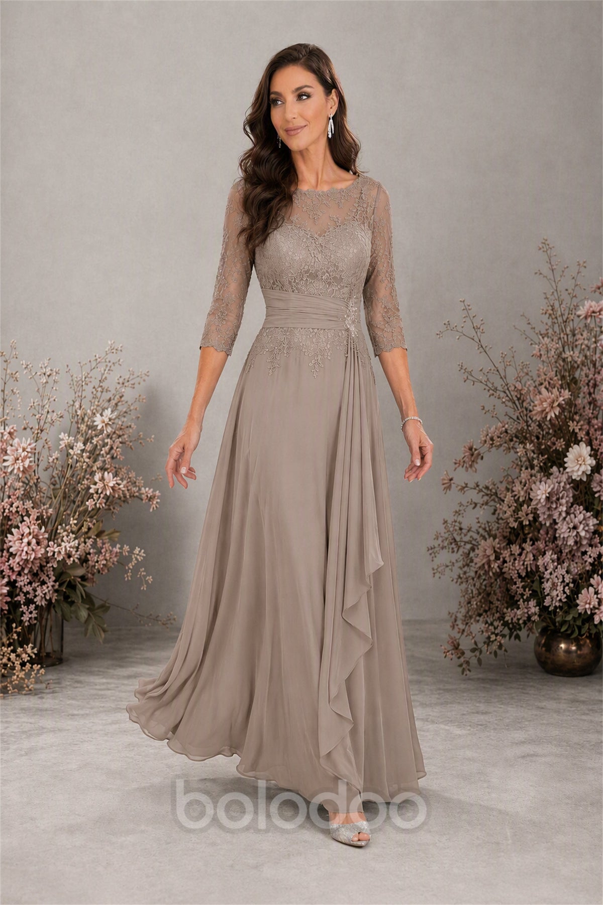 BOLODOO Taupe Chiffon Lace 3/4 Sleeve Floor Length Formal Evening Gown - Taupe | BOLODOO watermark