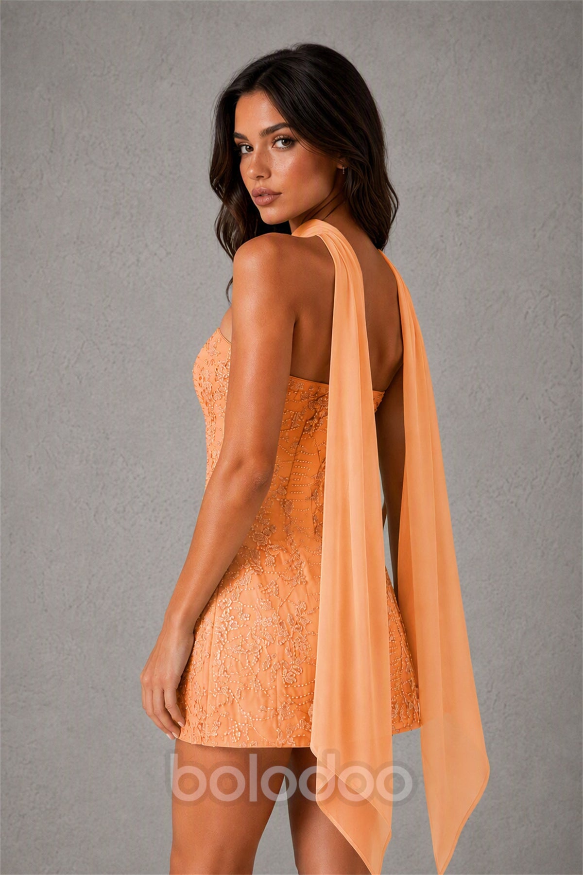 BOLODOO Orange Strapless Sequin Floral Embroidered Mini Dress with Detachable Chiffon Neck Scarf - Orange | BOLODOO watermark