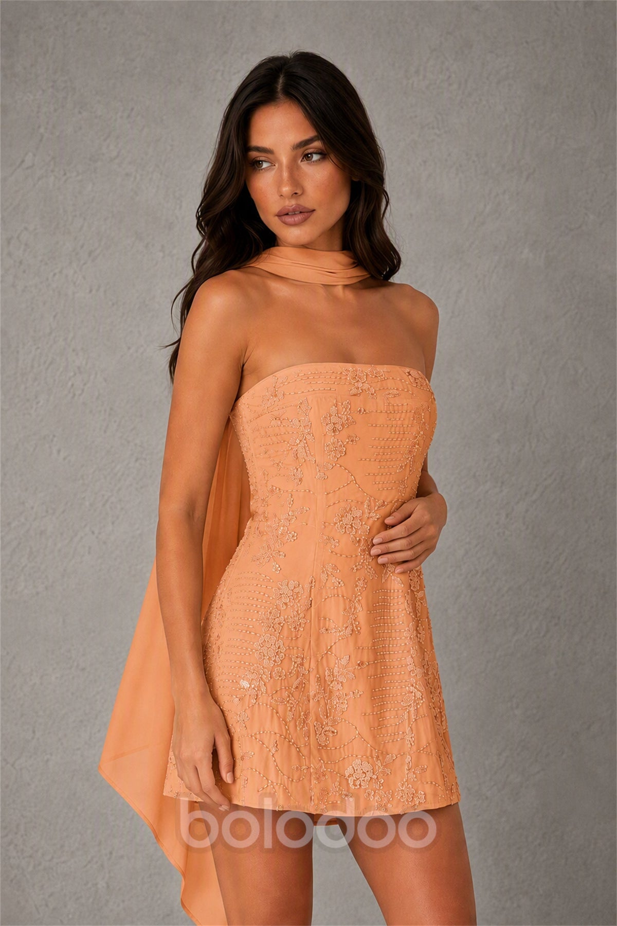 BOLODOO Orange Strapless Sequin Floral Embroidered Mini Dress with Detachable Chiffon Neck Scarf - Orange | BOLODOO watermark