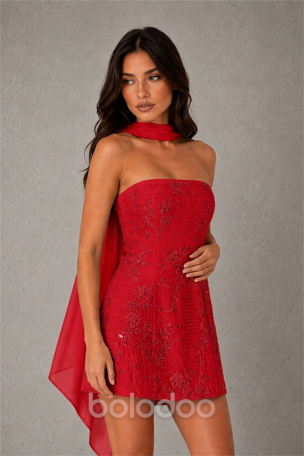 BOLODOO Red Strapless Sequin Floral Embroidered Mini Dress with Detachable Chiffon Neck Scarf - Red | BOLODOO watermark