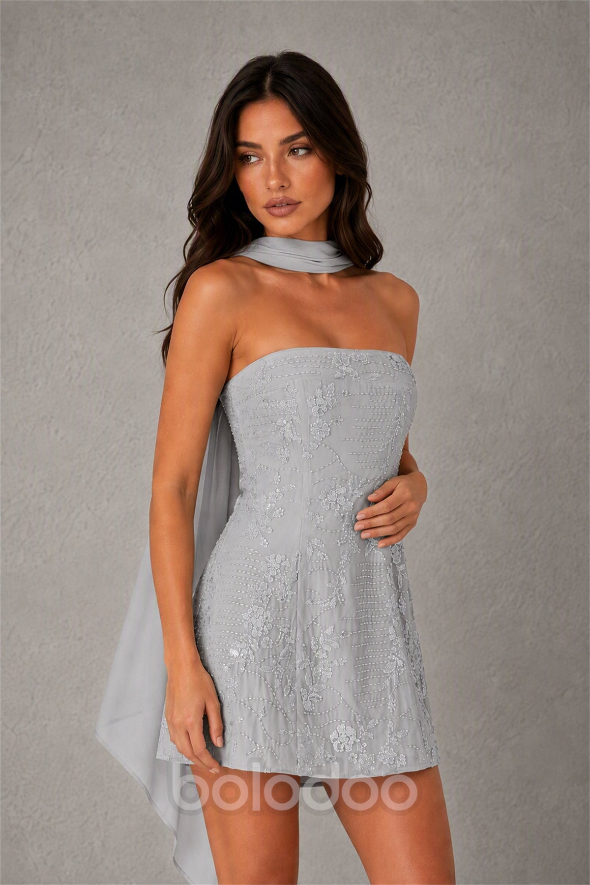 BOLODOO Silver Strapless Sequin Floral Embroidered Mini Dress with Detachable Chiffon Neck Scarf - Silver | BOLODOO watermark