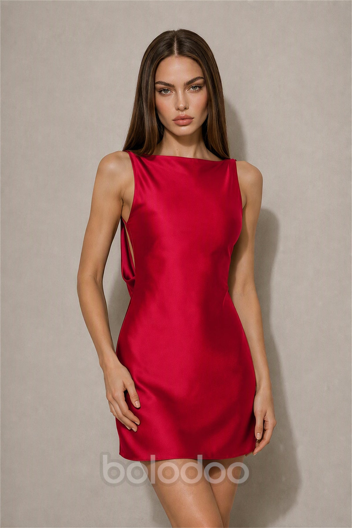 BOLODOO Burgundy Satin Bateau Neck Cowl Open Back Pearl Chain Mini Dress | Cocktail Party Date Night Dress - Burgundy | BOLODOO watermark