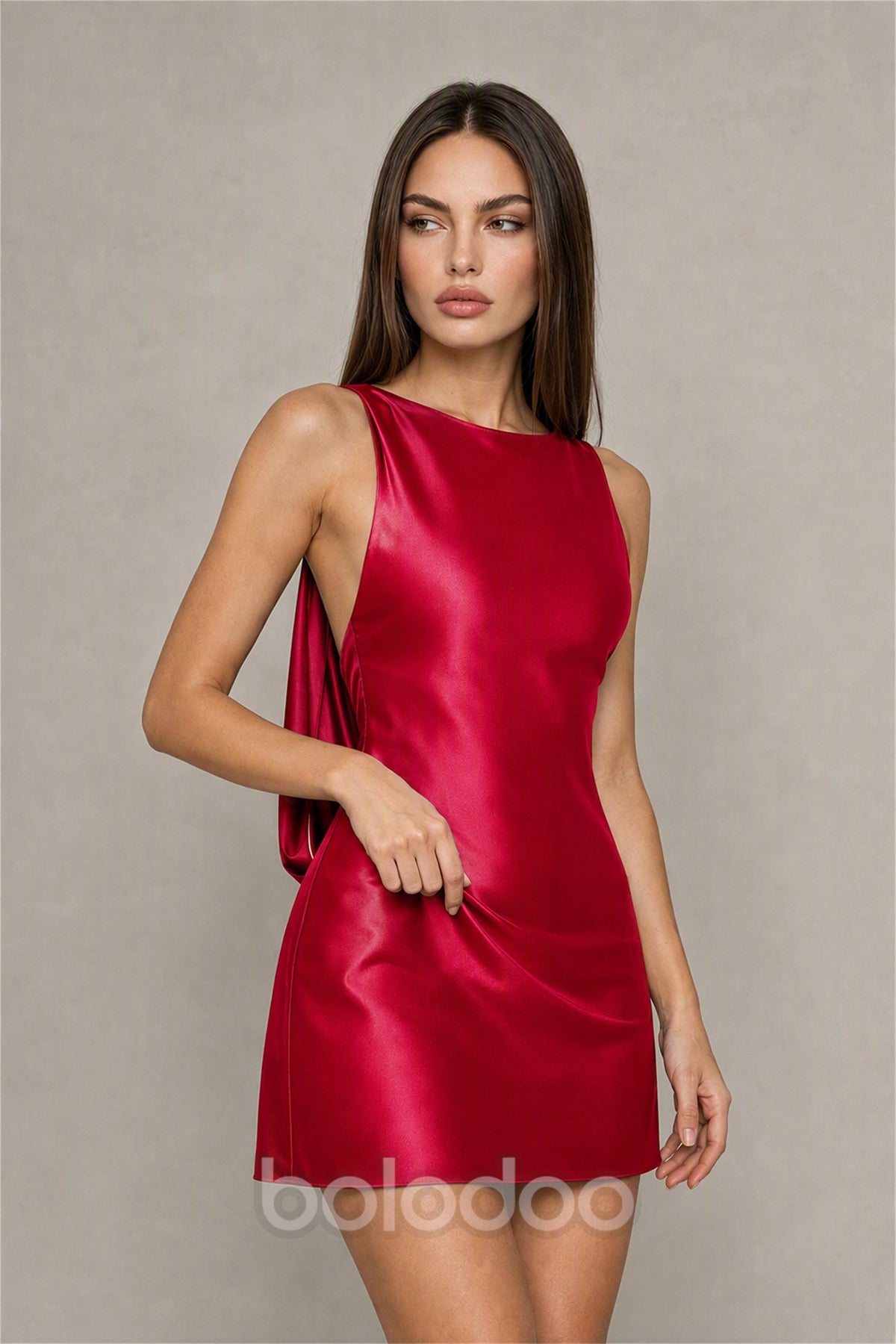 BOLODOO Burgundy Satin Bateau Neck Cowl Open Back Pearl Chain Mini Dress | Cocktail Party Date Night Dress - Burgundy | BOLODOO watermark