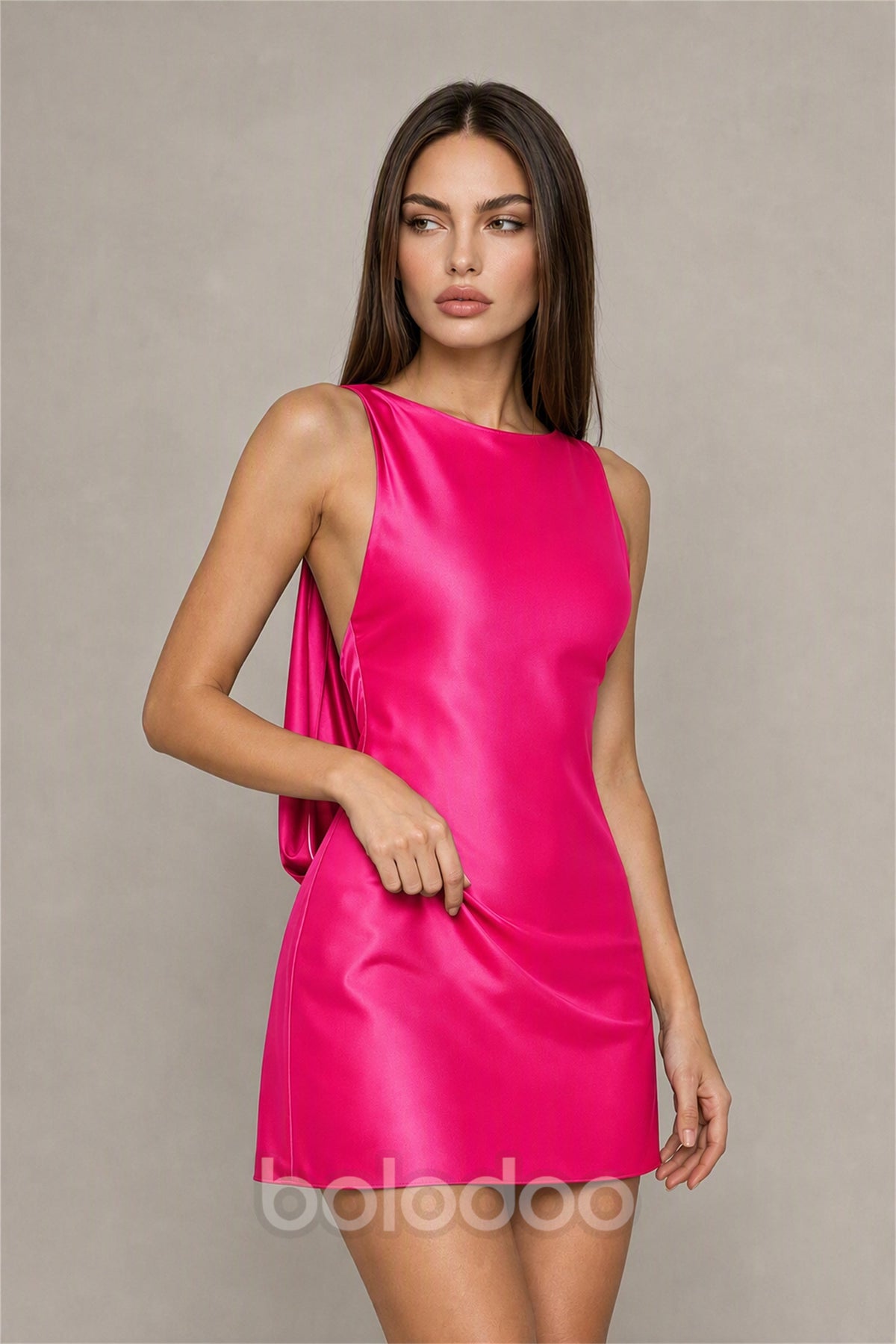 BOLODOO Hot Pink Satin Bateau Neck Cowl Open Back Pearl Chain Mini Dress | Cocktail Party Date Night Dress - Hot Pink | BOLODOO watermark