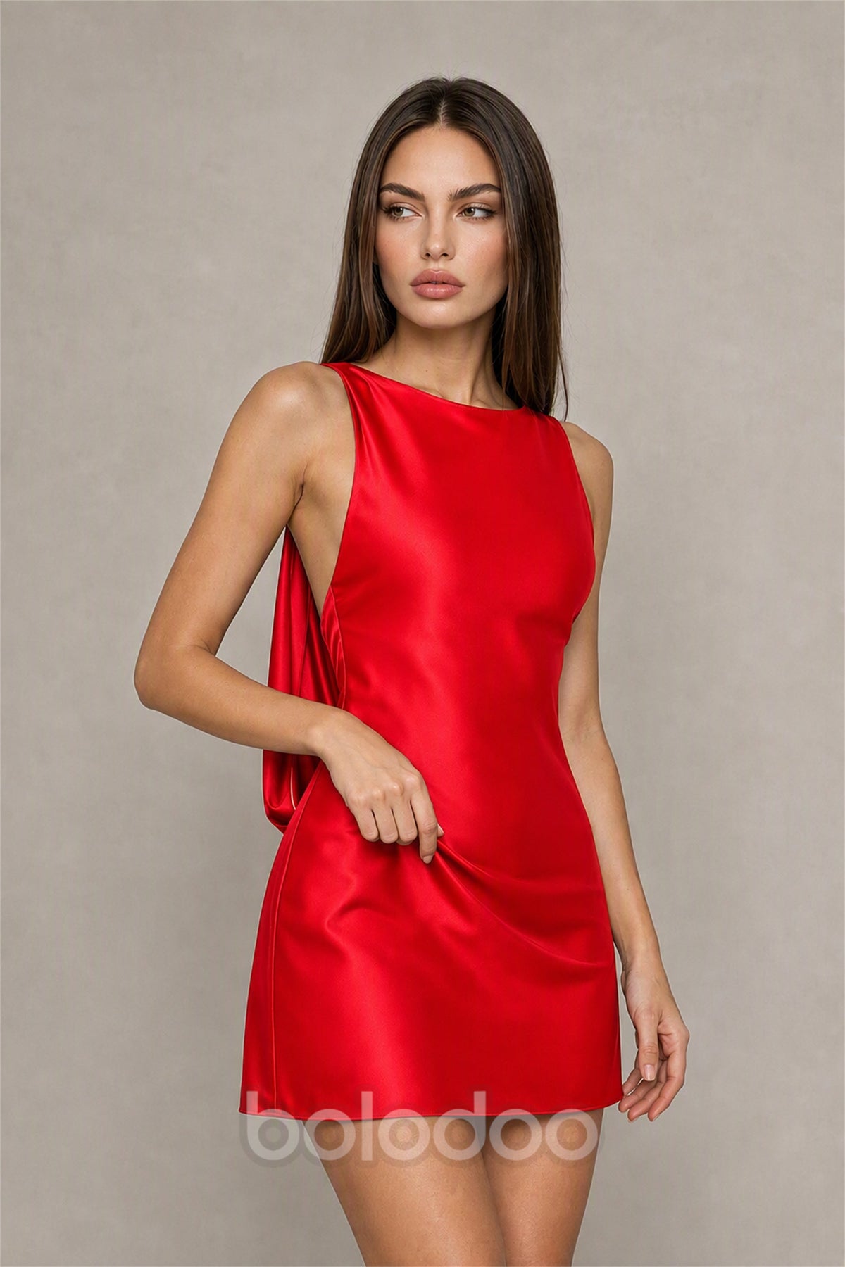 BOLODOO Red Satin Bateau Neck Cowl Open Back Pearl Chain Mini Dress | Cocktail Party Date Night Dress - Red | BOLODOO watermark
