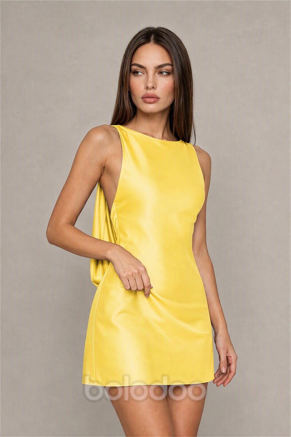 BOLODOO Yellow Satin Bateau Neck Cowl Open Back Pearl Chain Mini Dress | Cocktail Party Date Night Dress - Yellow | BOLODOO watermark
