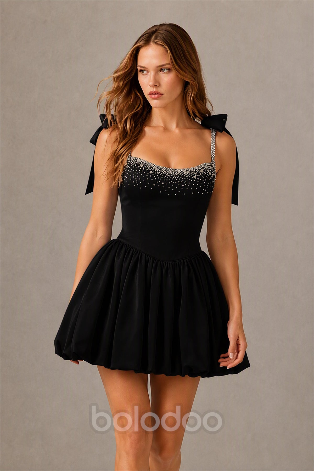 BOLODOO Black Satin Pearl Embellished Sweetheart Bow Strap Bubble Hem Mini Dress | Cocktail Prom Homecoming Dress - Black | BOLODOO watermark