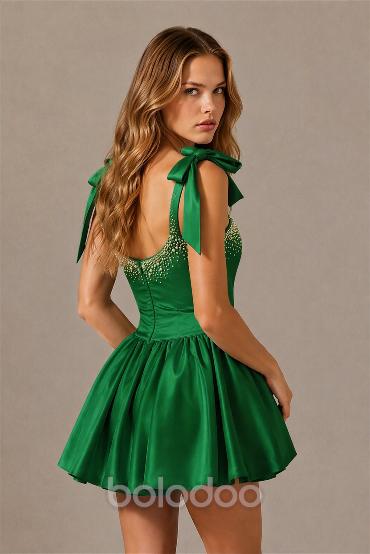 BOLODOO Emerald Green Satin Pearl Embellished Sweetheart Bow Strap Bubble Hem Mini Dress | Cocktail Prom Homecoming Dress - Emerald Green | BOLODOO watermark