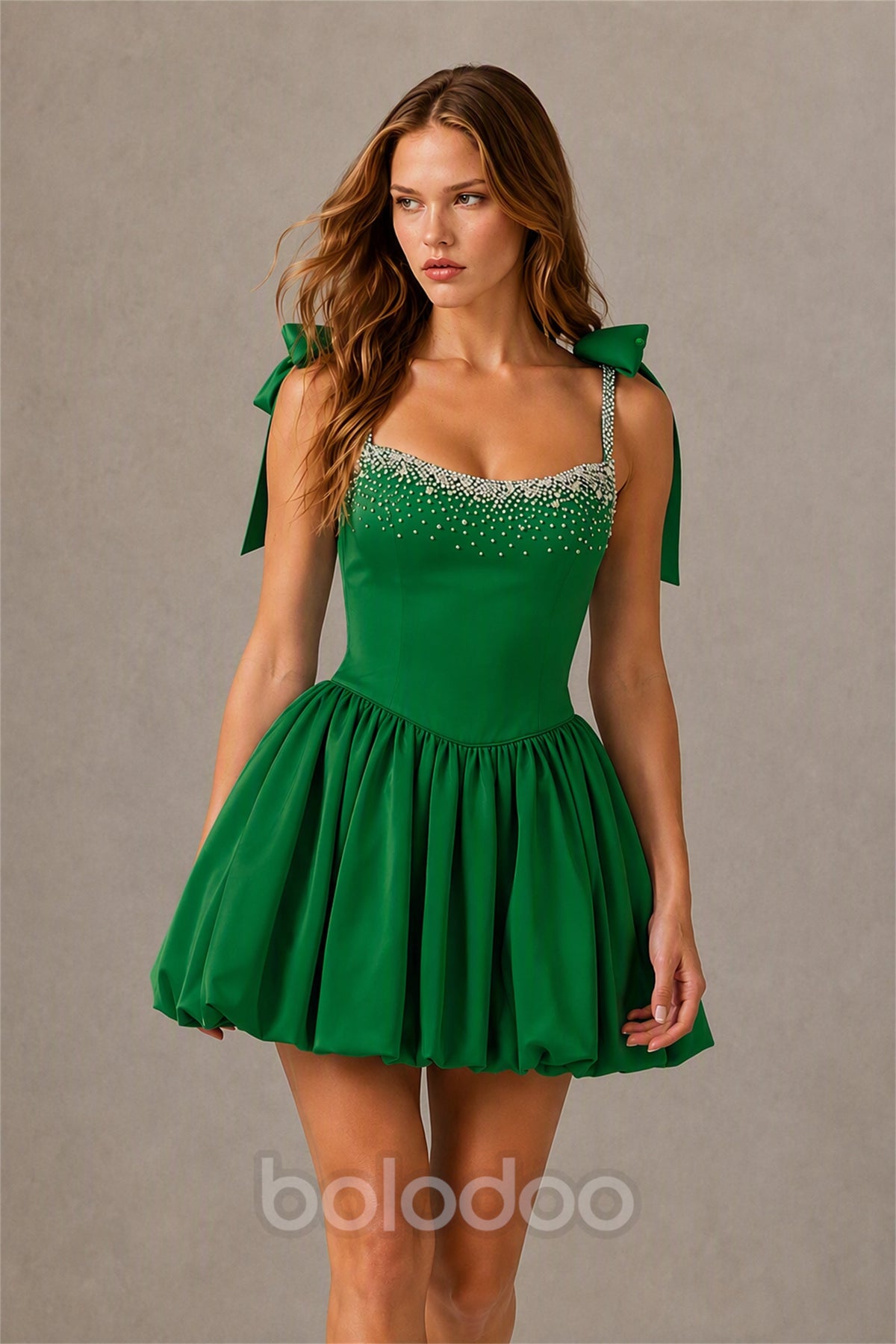 BOLODOO Emerald Green Satin Pearl Embellished Sweetheart Bow Strap Bubble Hem Mini Dress | Cocktail Prom Homecoming Dress - Emerald Green | BOLODOO watermark