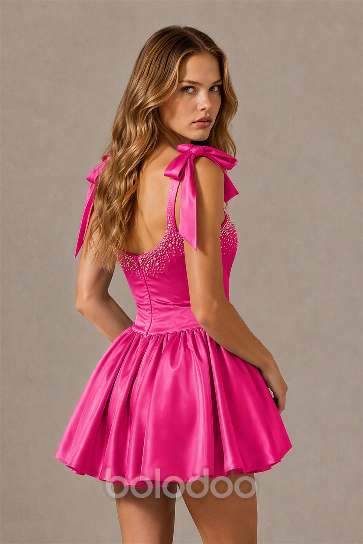 BOLODOO Hot Pink Satin Pearl Embellished Sweetheart Bow Strap Bubble Hem Mini Dress | Cocktail Prom Homecoming Dress - Hot Pink | BOLODOO watermark
