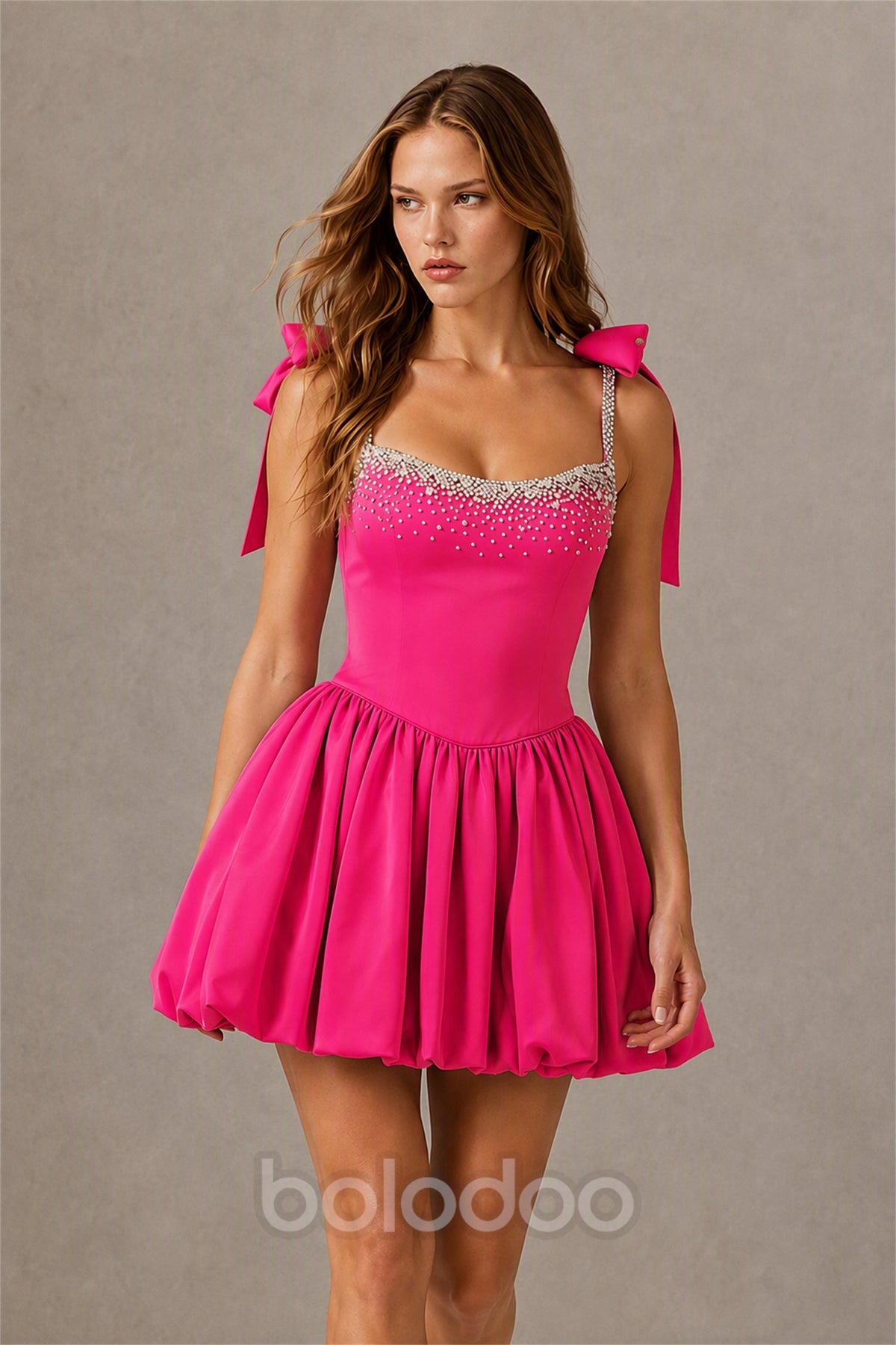 BOLODOO Hot Pink Satin Pearl Embellished Sweetheart Bow Strap Bubble Hem Mini Dress | Cocktail Prom Homecoming Dress - Hot Pink | BOLODOO watermark