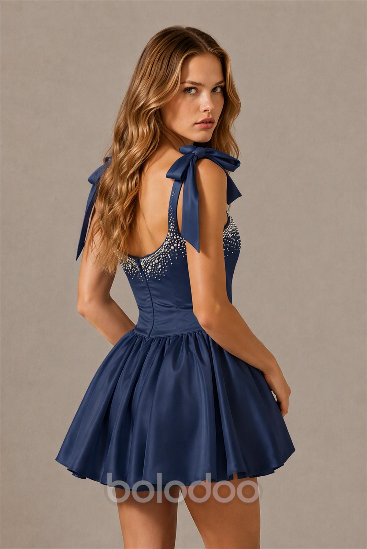 BOLODOO Navy Blue Satin Pearl Embellished Sweetheart Bow Strap Bubble Hem Mini Dress | Cocktail Prom Homecoming Dress - Navy Blue | BOLODOO watermark