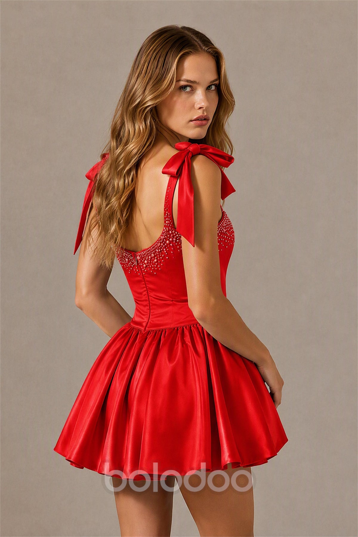BOLODOO Red Satin Pearl Embellished Sweetheart Bow Strap Bubble Hem Mini Dress | Cocktail Prom Homecoming Dress - Red | BOLODOO watermark
